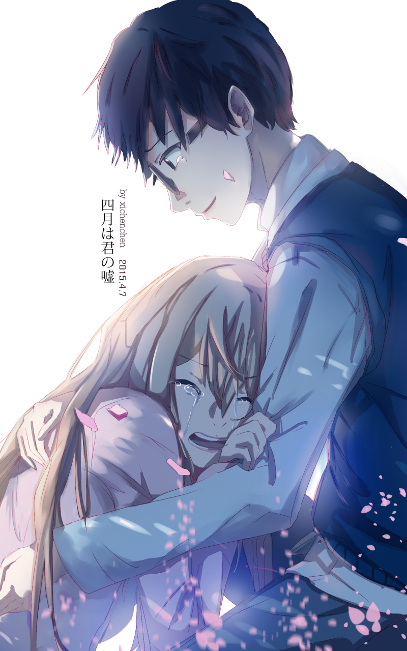 Download mobile wallpaper Anime, Glasses, Petal, Tears, Black Hair, Kousei Arima, Kaori Miyazono, Your Lie In April for free.