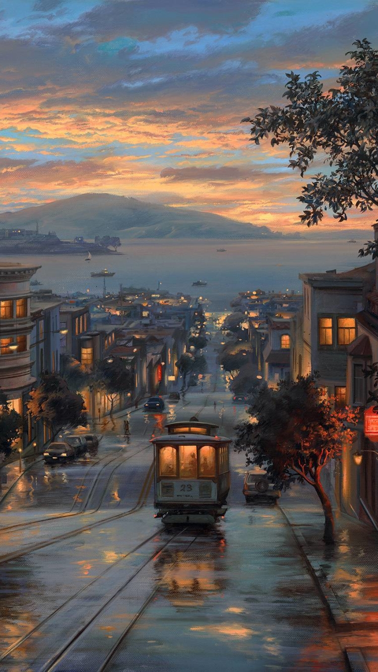 Descarga gratuita de fondo de pantalla para móvil de Noche, Pintura, Panorama, Calle, Artístico, San Francisco.