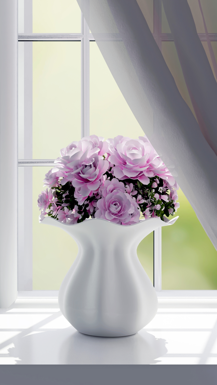 1266823 baixar papel de parede feito pelo homem, janela, branco, flor, flor rosa, cortina, vaso - protetores de tela e imagens gratuitamente