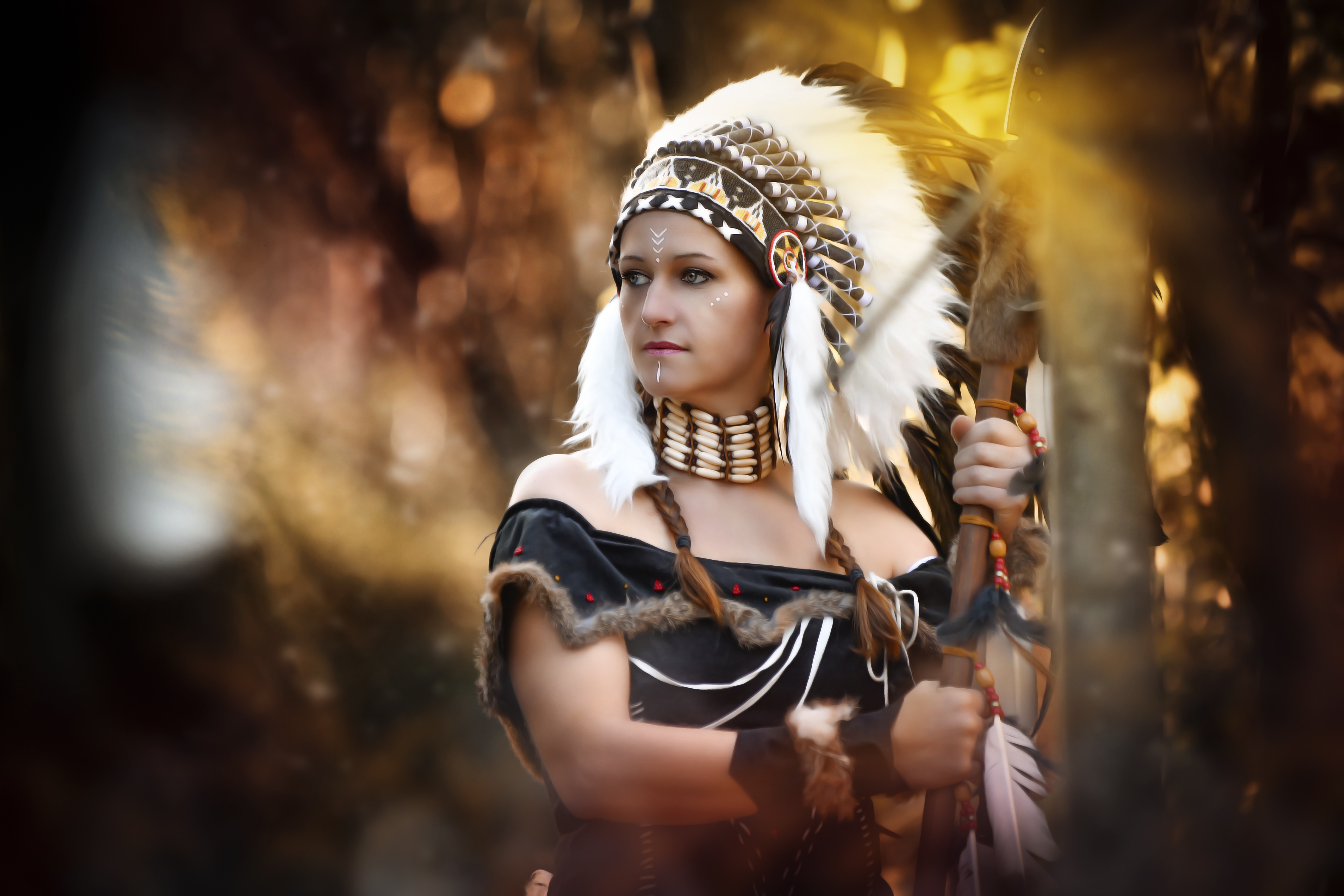 women, native american, blur, cosplay, costume, feather, headdress, mood, portrait, spear