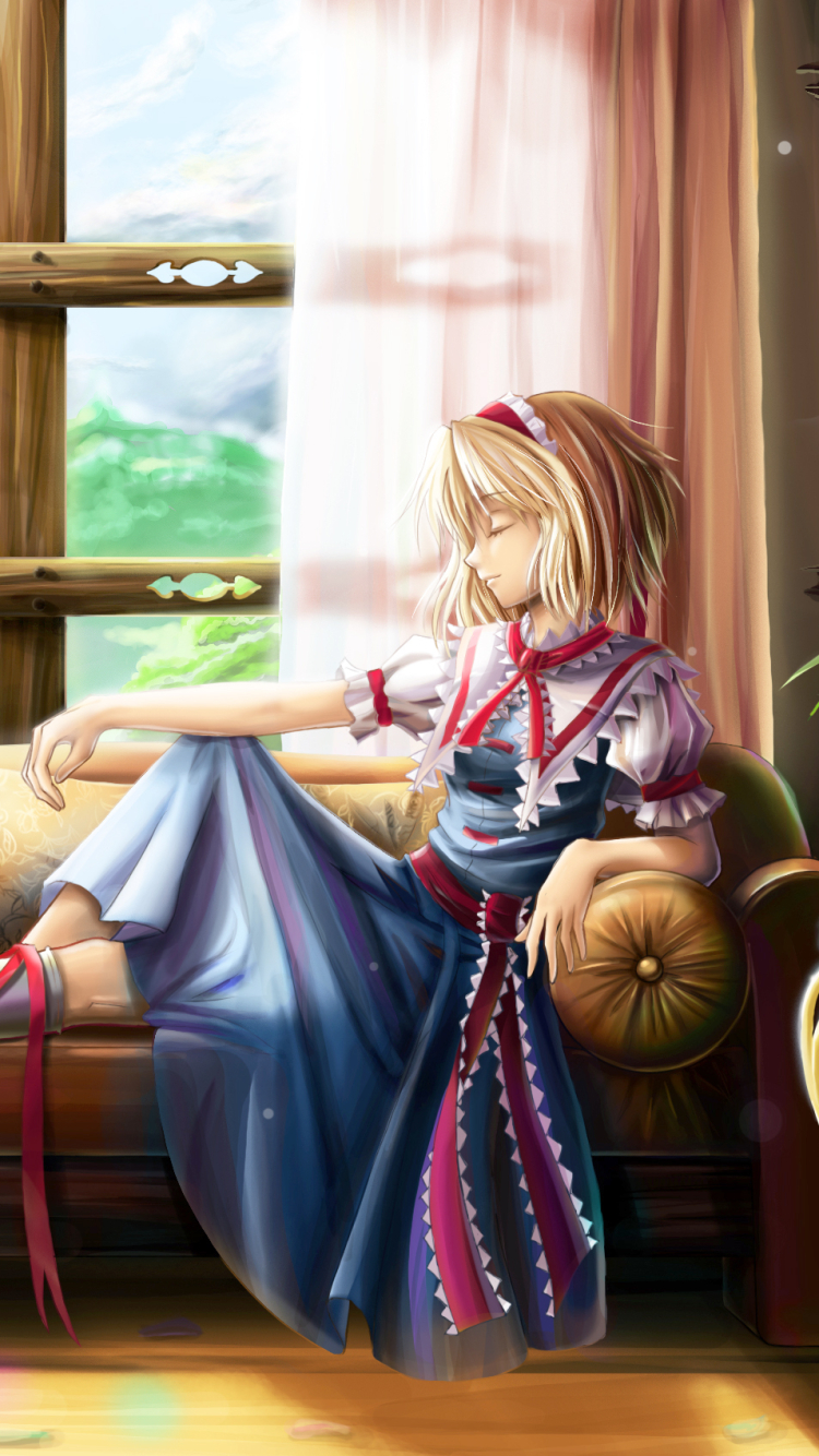 Handy-Wallpaper Schlafen, Blond, Blondinen, Animes, Tuhu, Alice Margatroid, Blaues Kleid kostenlos herunterladen.