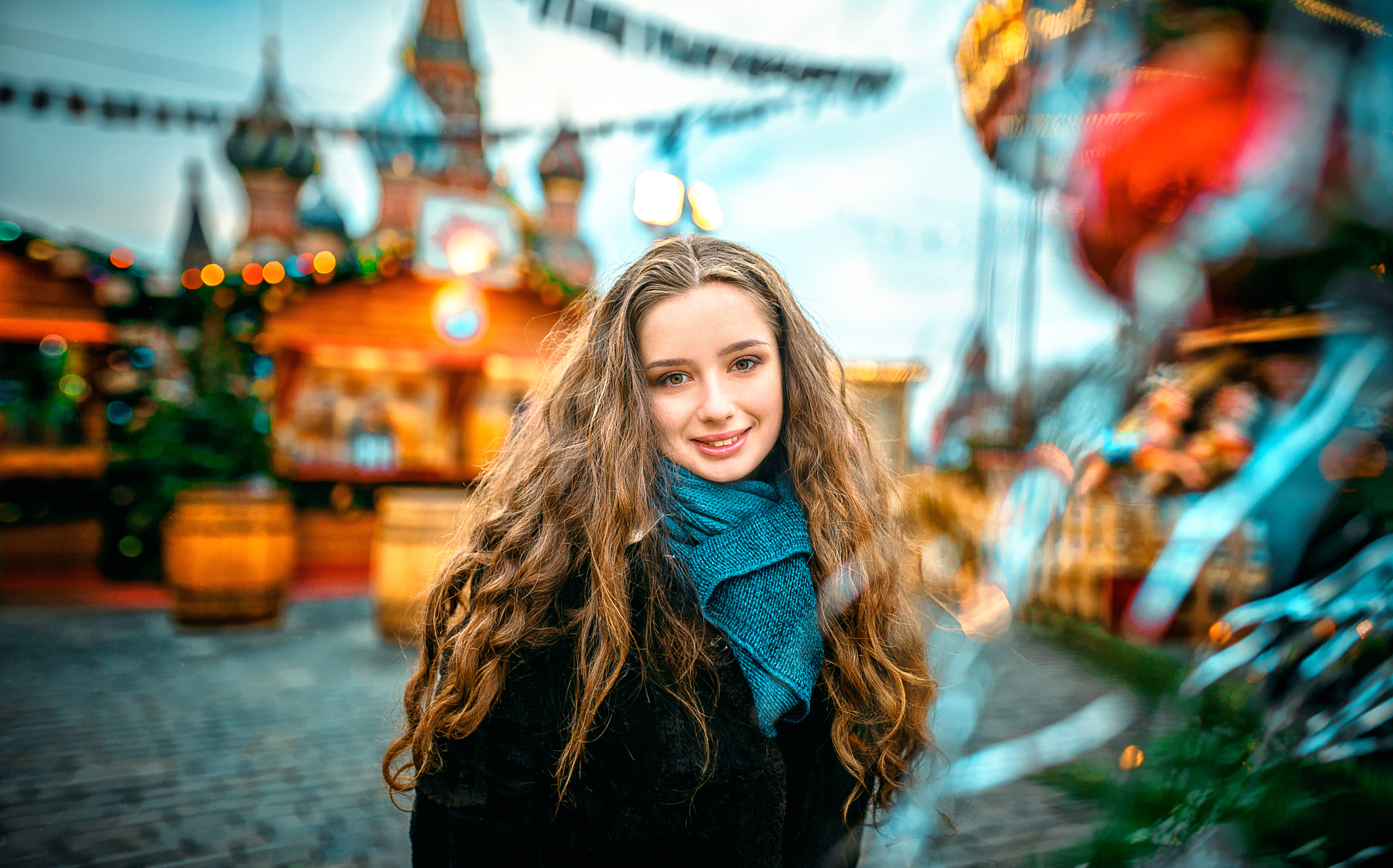 Download mobile wallpaper Smile, Brunette, Model, Women, Scarf, Moscow, Brown Eyes for free.
