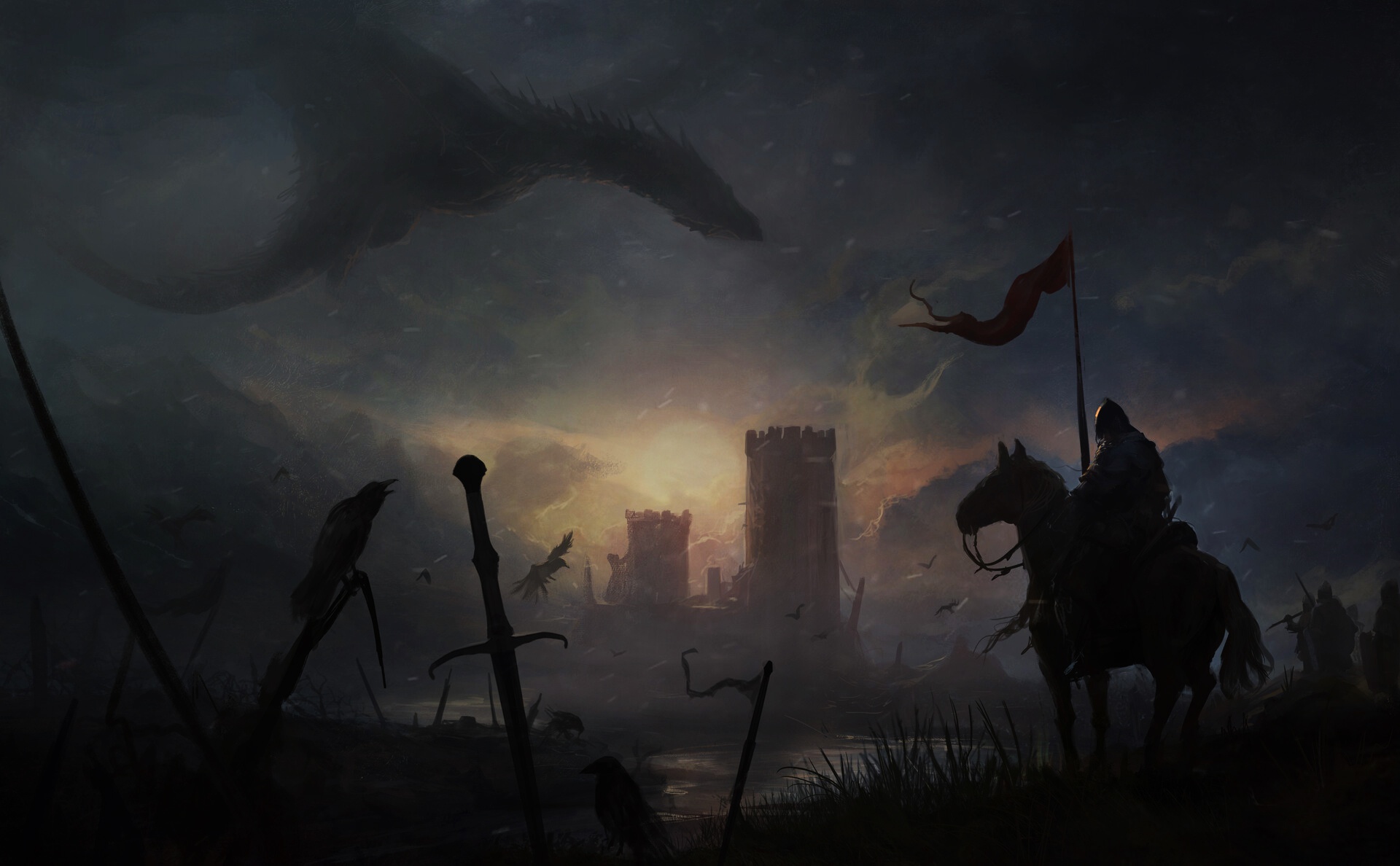 Download mobile wallpaper Fantasy, Dragon, Warrior, Horse, Knight, Castle for free.