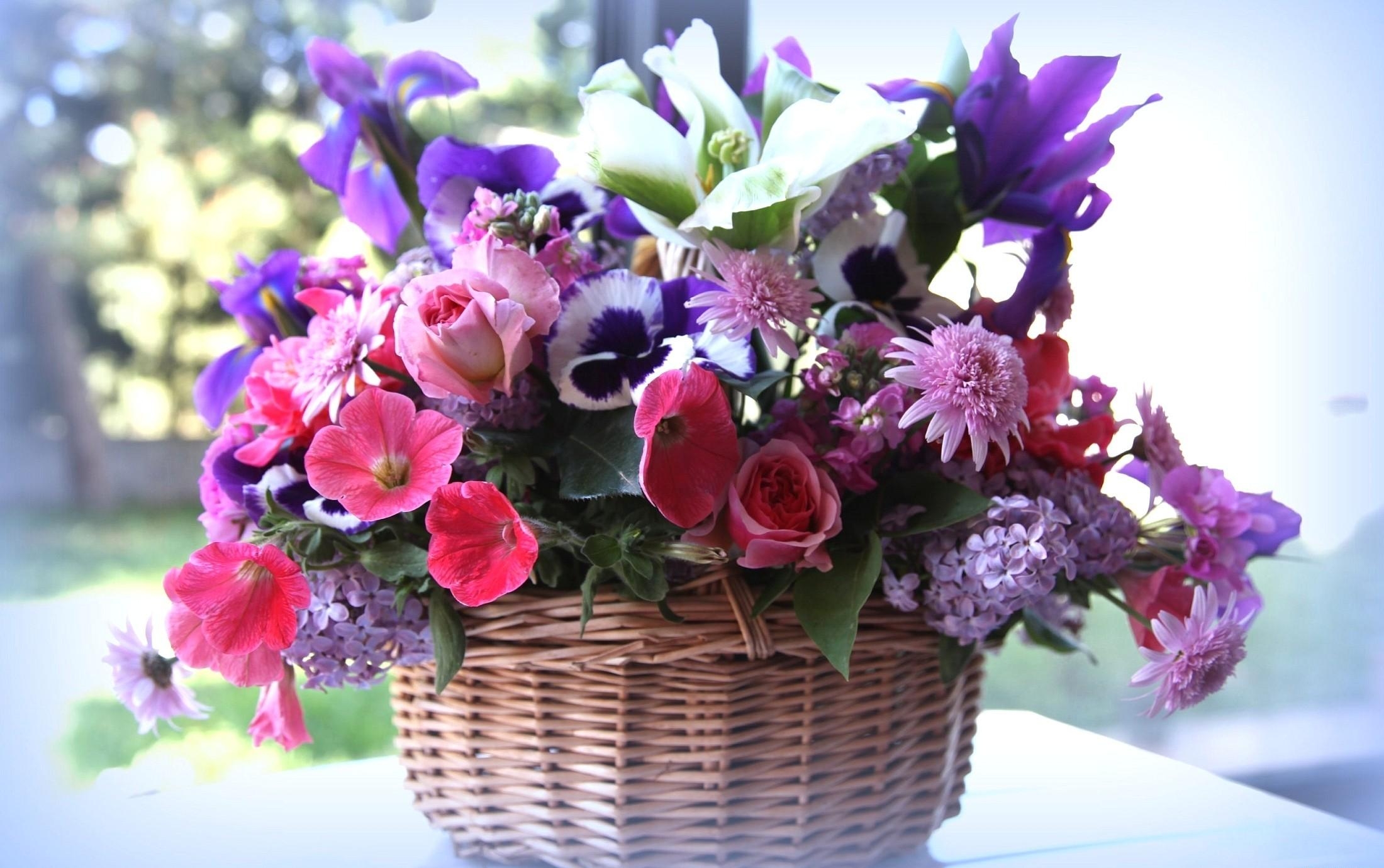 flowers, roses, lilac, lot, basket, different, petunia HD wallpaper