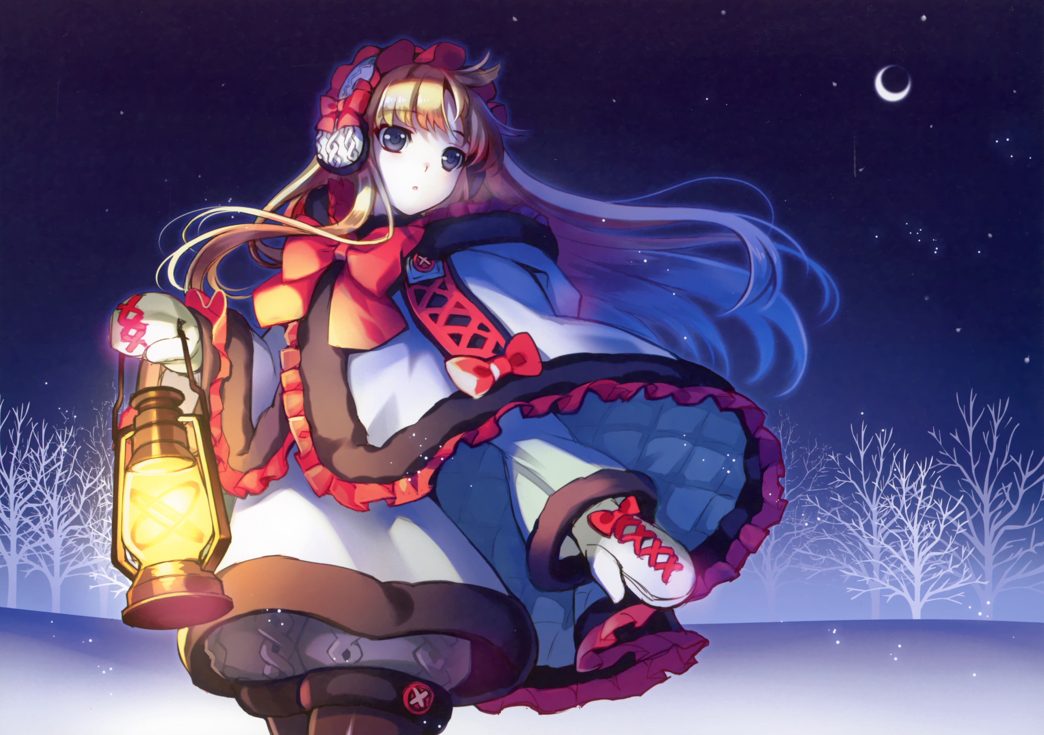 Download mobile wallpaper Anime, Moon, Snow, Lantern, Glove, Original, Long Hair, Brown Hair, Bow (Clothing), Black Eyes for free.