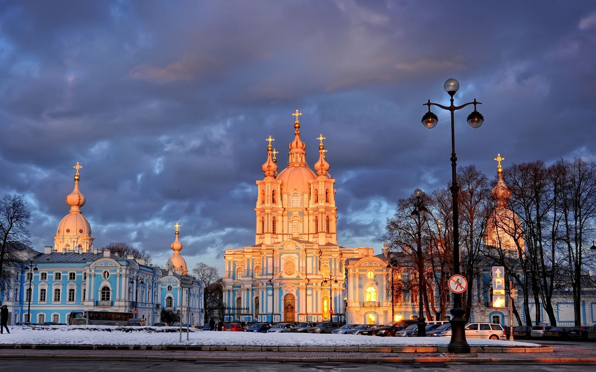 st petersburg, cities, trees, lamp, lantern, saint petersburg, smolny cathedral, resin cathedral