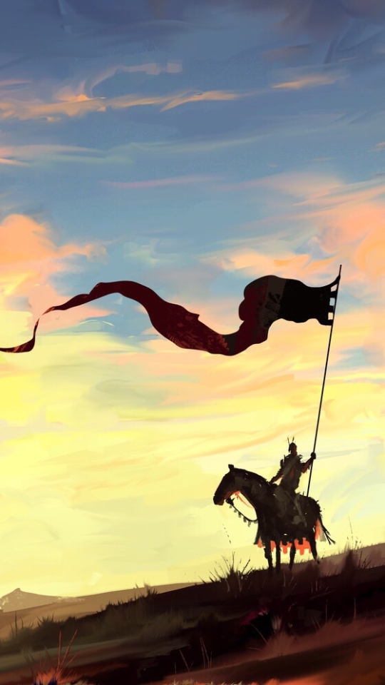 Download mobile wallpaper Fantasy, Sky, Horse, Knight, Banner for free.