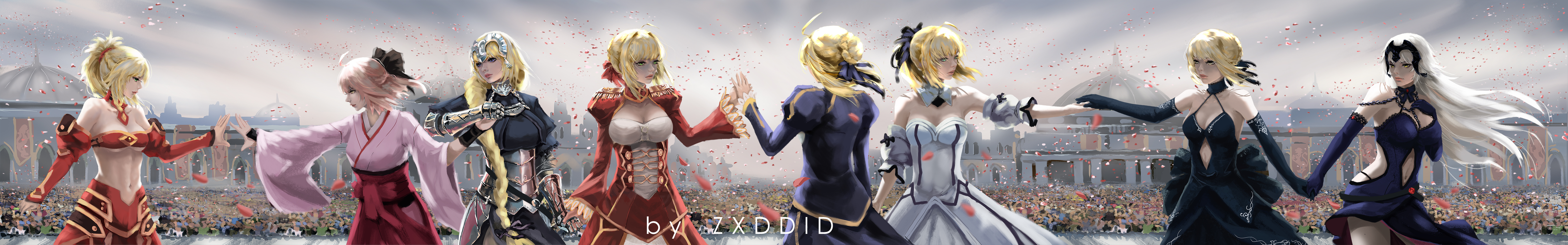 anime, fate/grand order, armor, artoria pendragon, blonde, blue eyes, dress, jeanne d'arc (fate series), jeanne d'arc alter, long hair, mordred (fate/apocrypha), nero claudius, okita souji, pink hair, saber alter, saber lily, short hair, white hair, yellow eyes, fate series