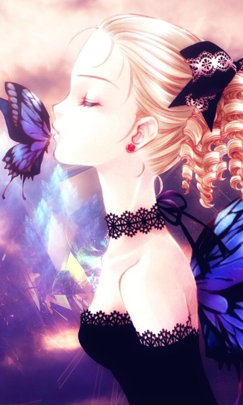 Download mobile wallpaper Anime, Butterfly, Wings, Blonde, Kiss, Fairy, Original for free.