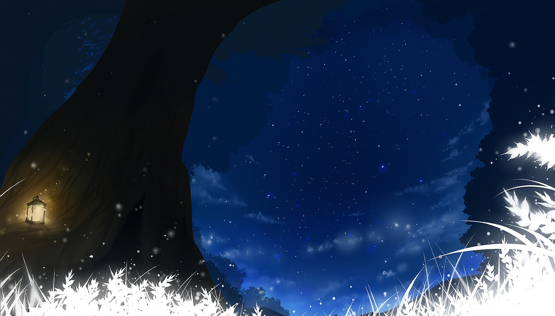 Download mobile wallpaper Anime, Grass, Sky, Stars, Night, Lantern, Original for free.