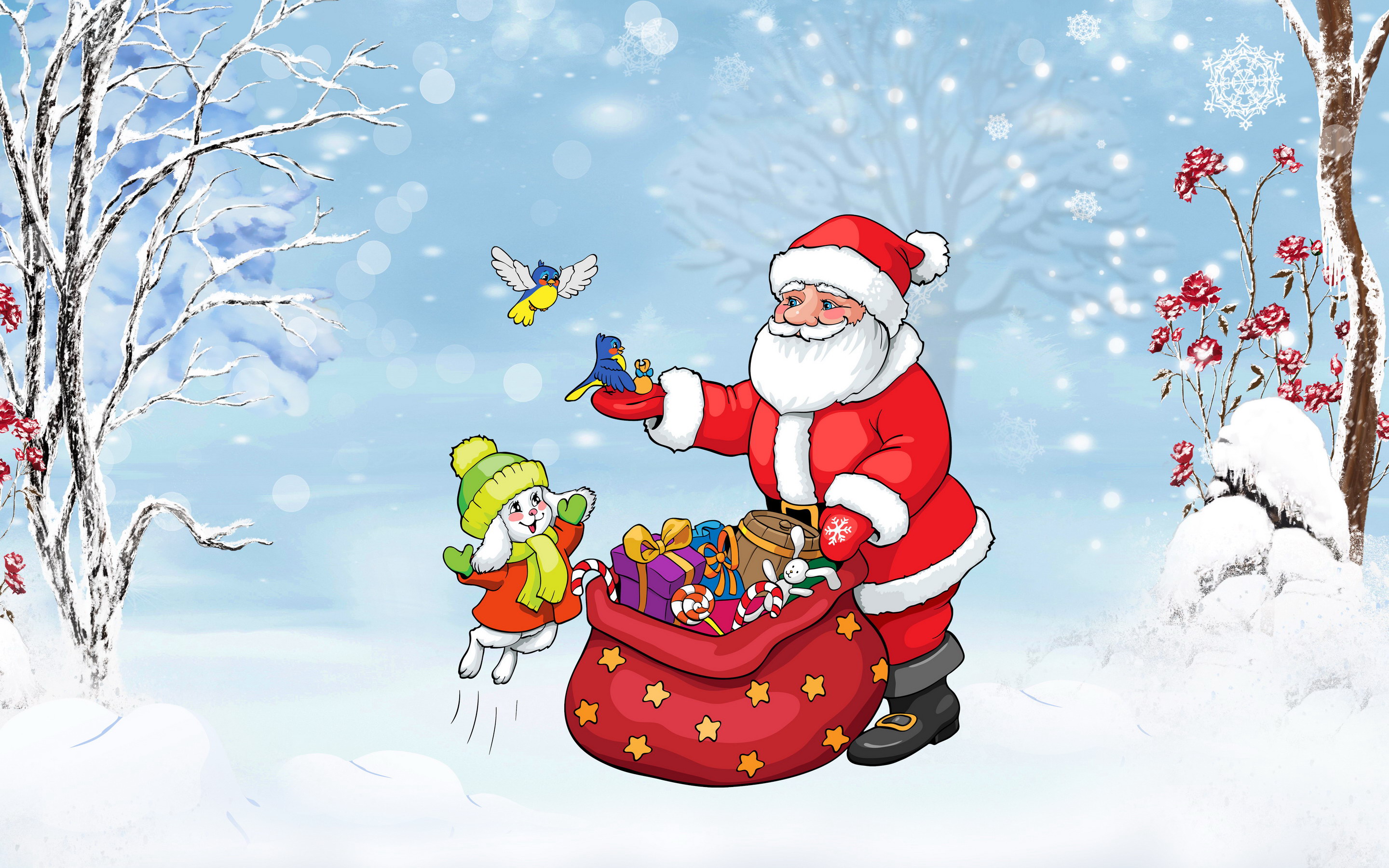 Free download wallpaper Snow, Bird, Christmas, Holiday, Bag, Santa on your PC desktop