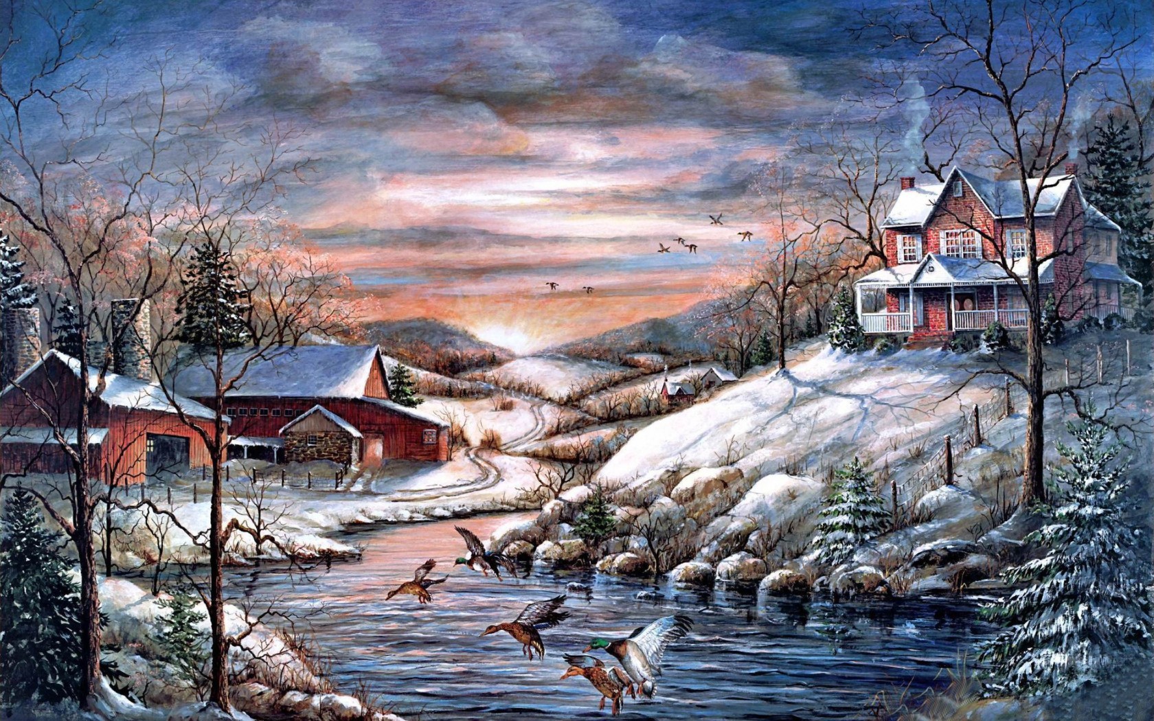 Handy-Wallpaper Winter, Schnee, Fluss, Haus, Ente, Malerei, Künstlerisch kostenlos herunterladen.