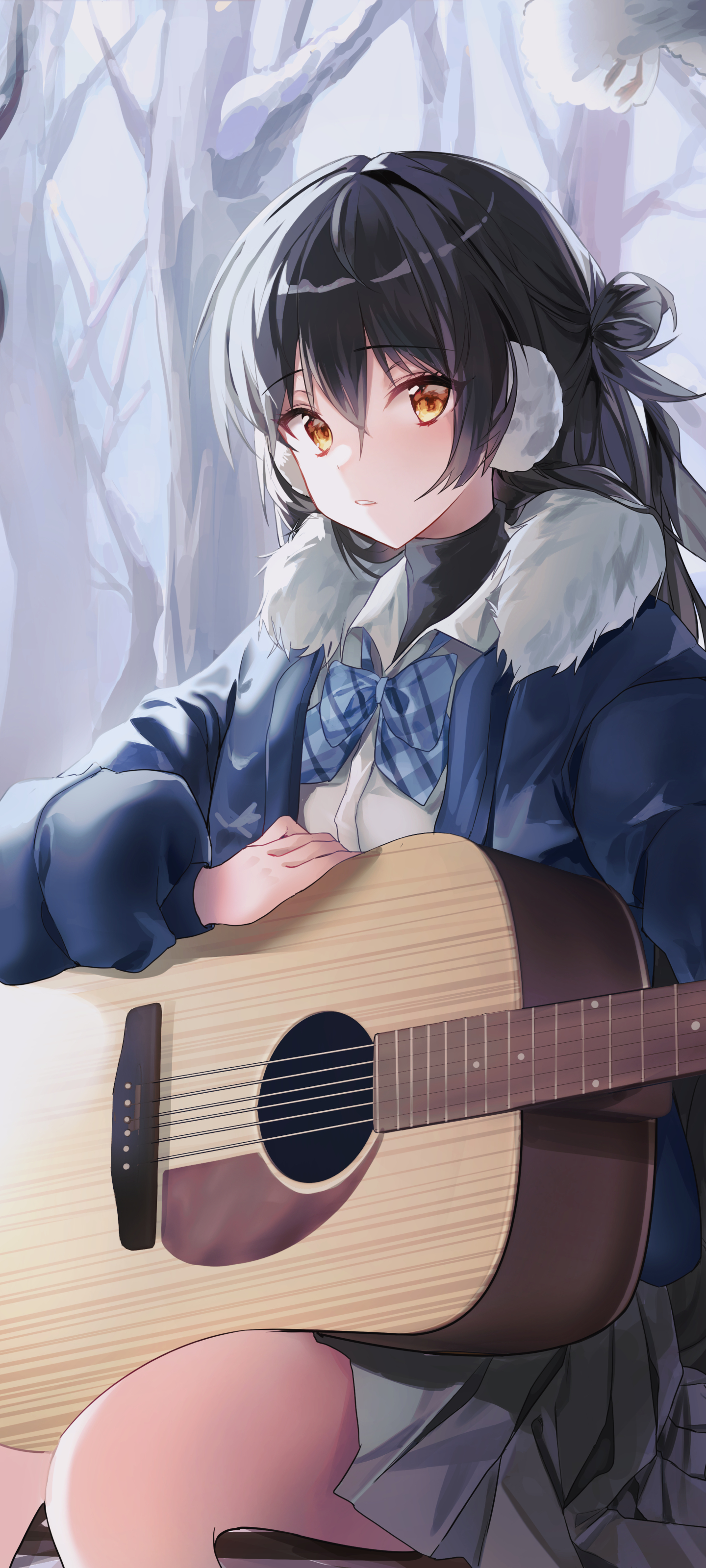 Download mobile wallpaper Anime, Guitar, Girl, School Uniform, Black Hair, Instrument, Orange Eyes for free.