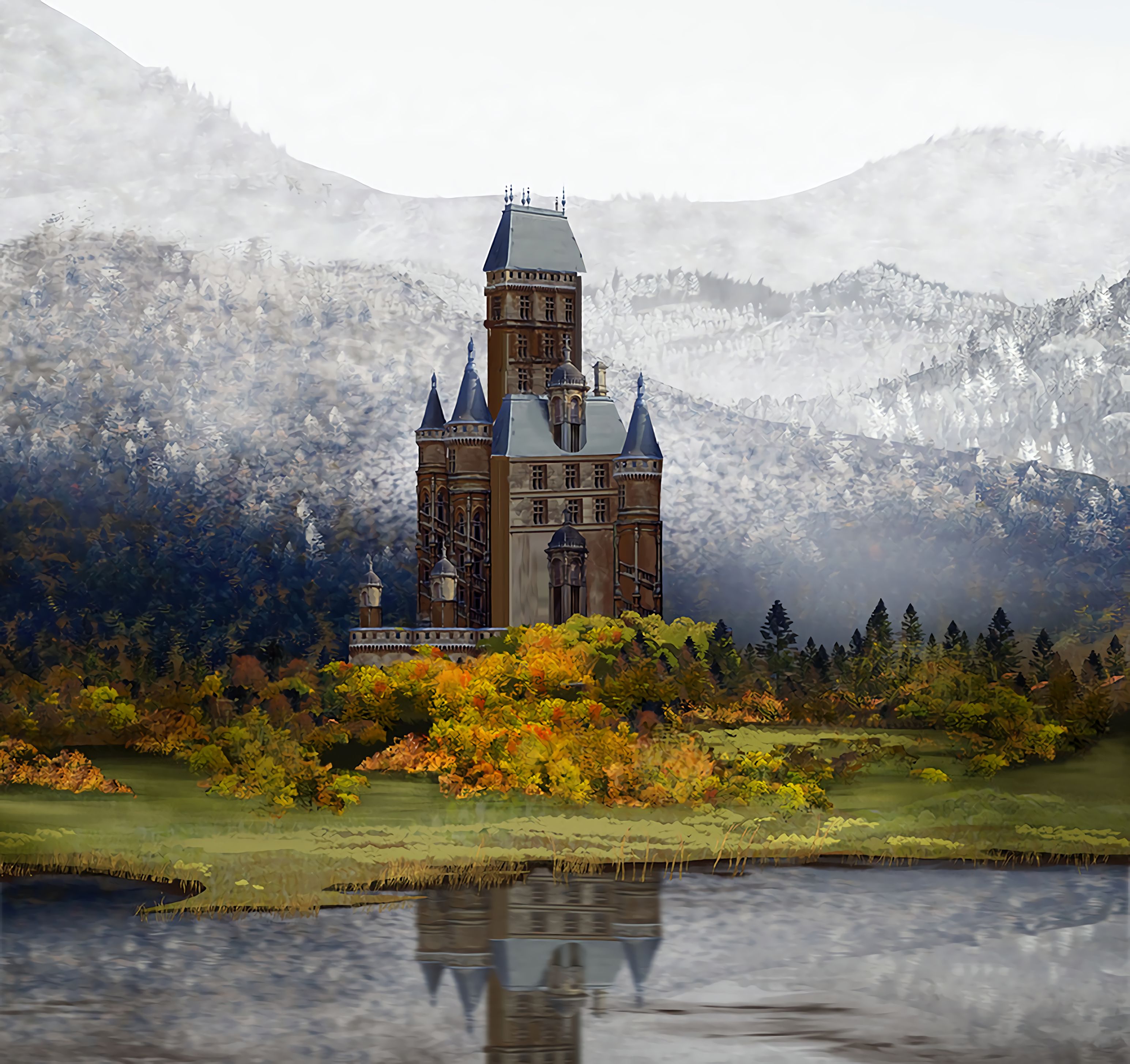Скачать картинку Замок, Пейзаж, Арт, Осень в телефон бесплатно.
