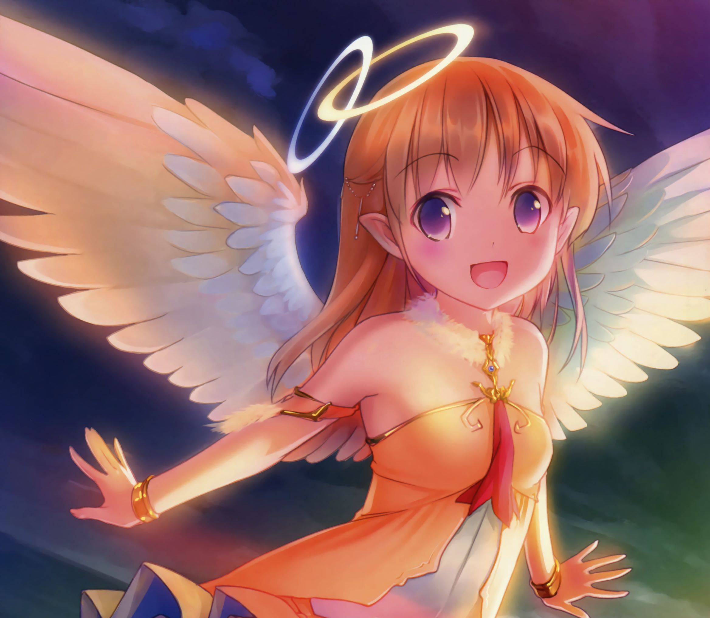 Free download wallpaper Anime, Smile, Wings, Angel, Blush, Long Hair, Brown Hair, Purple Eyes on your PC desktop