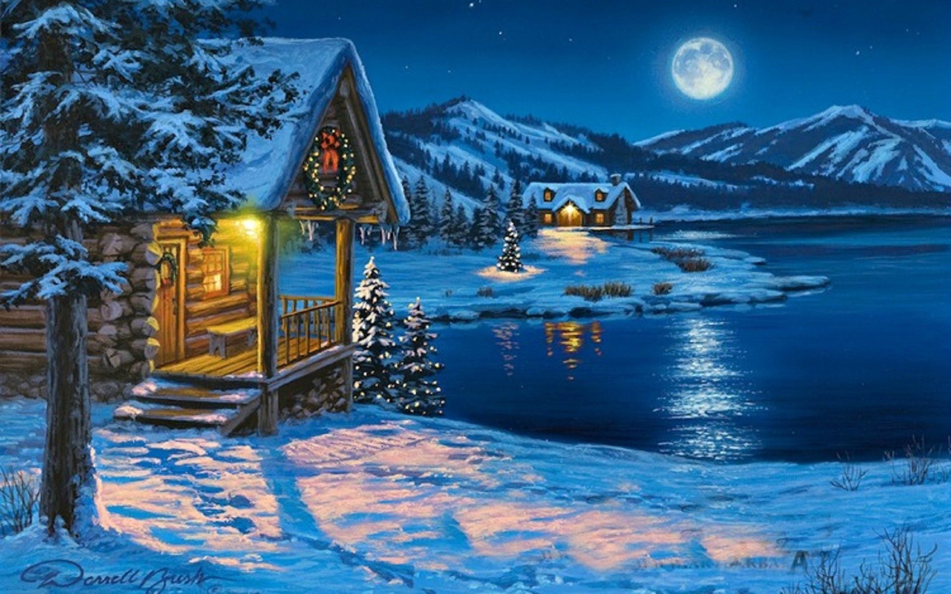 1506047 Hintergrundbild herunterladen weihnachten, feiertage, kabine, licht, mond, berg, schnee, baum, winter - Bildschirmschoner und Bilder kostenlos