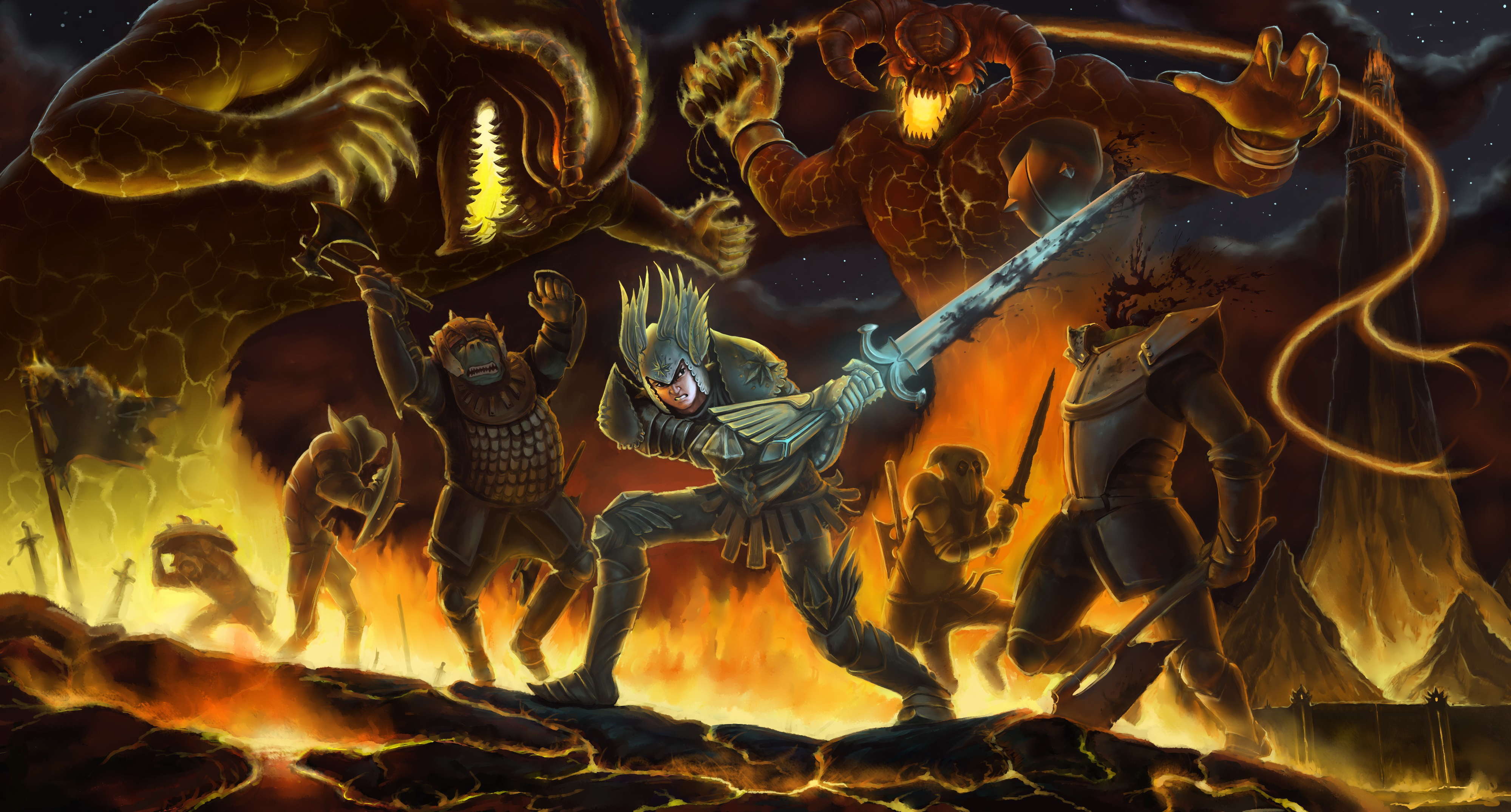 Free download wallpaper Fantasy, Warrior, Creature, Lava, Battle, Demon, Sword on your PC desktop