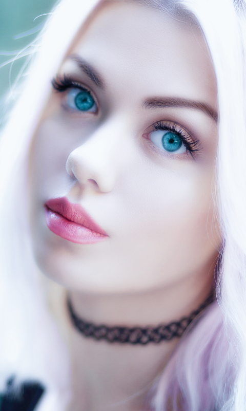 Download mobile wallpaper Close Up, Face, Model, Women, Blue Eyes, White Hair, Lipstick for free.