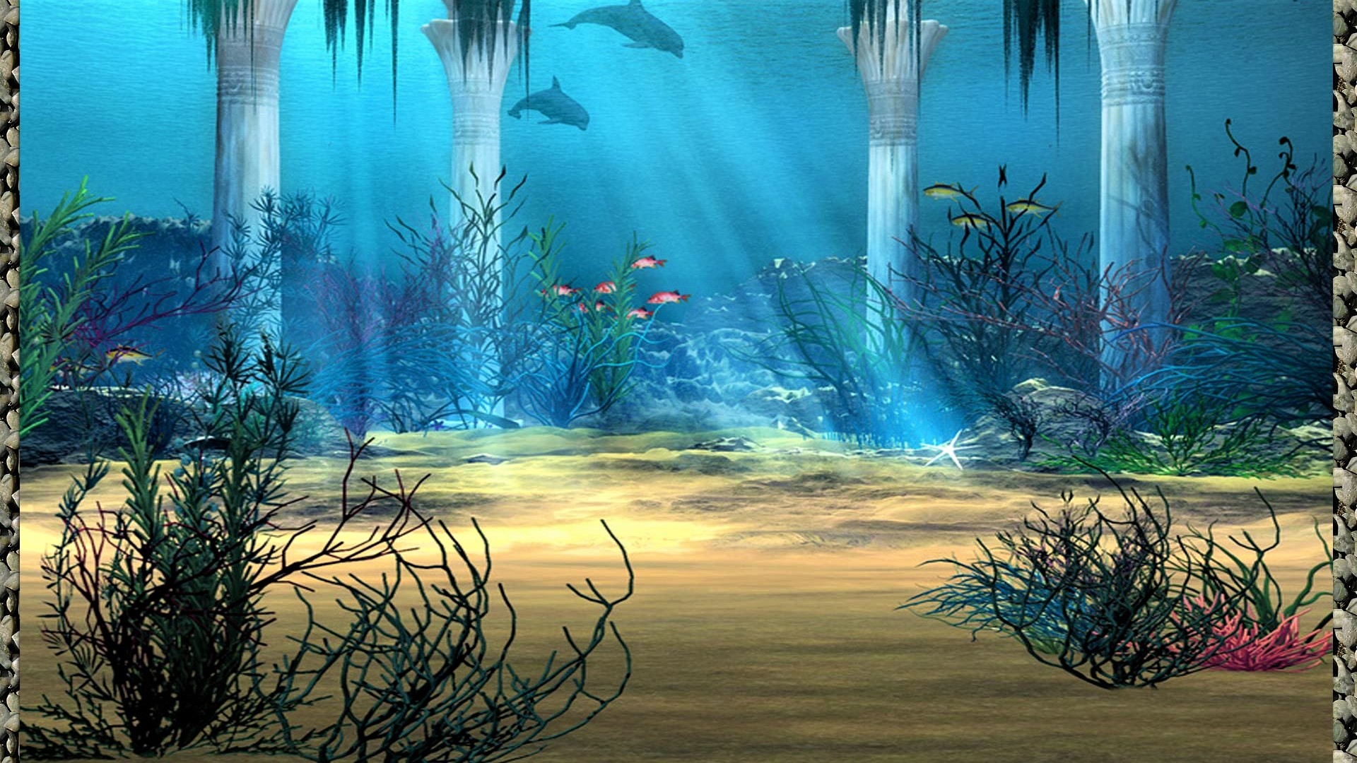 Handy-Wallpaper Fantasie, Fische, Ozean, Säulen, Unterwasser, Meer, Künstlerisch kostenlos herunterladen.