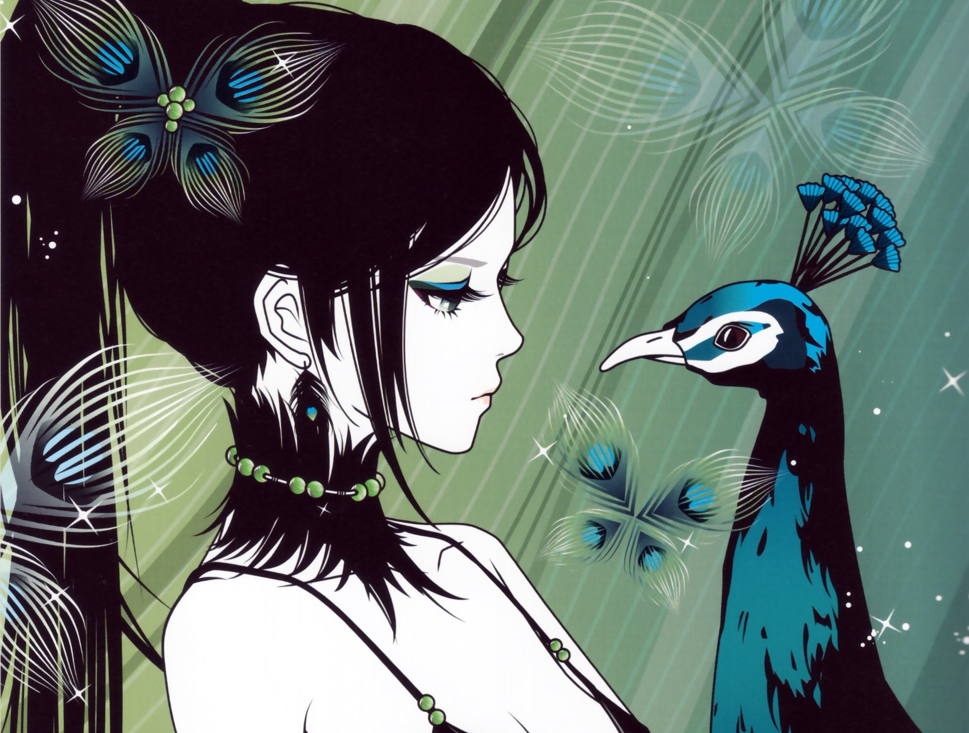 Download mobile wallpaper Anime, Bird, Peacock, Original, Black Hair, Long Hair for free.