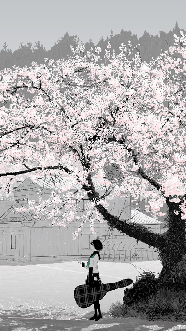 Download mobile wallpaper Anime, Tree, Guitar, Girl, Skirt, School Uniform, Black Hair, Short Hair, Sakura Blossom for free.