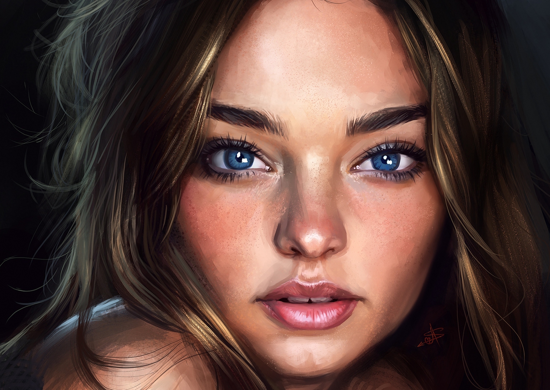 Free download wallpaper Painting, Face, Brunette, Model, Blue Eyes, Celebrity, Miranda Kerr, Australian on your PC desktop