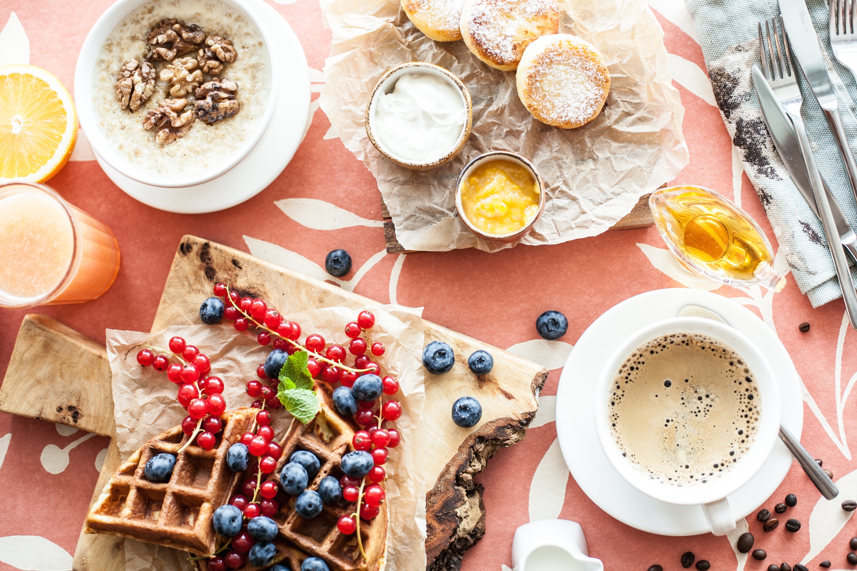Download mobile wallpaper Food, Coffee, Still Life, Cup, Berry, Waffle, Breakfast for free.
