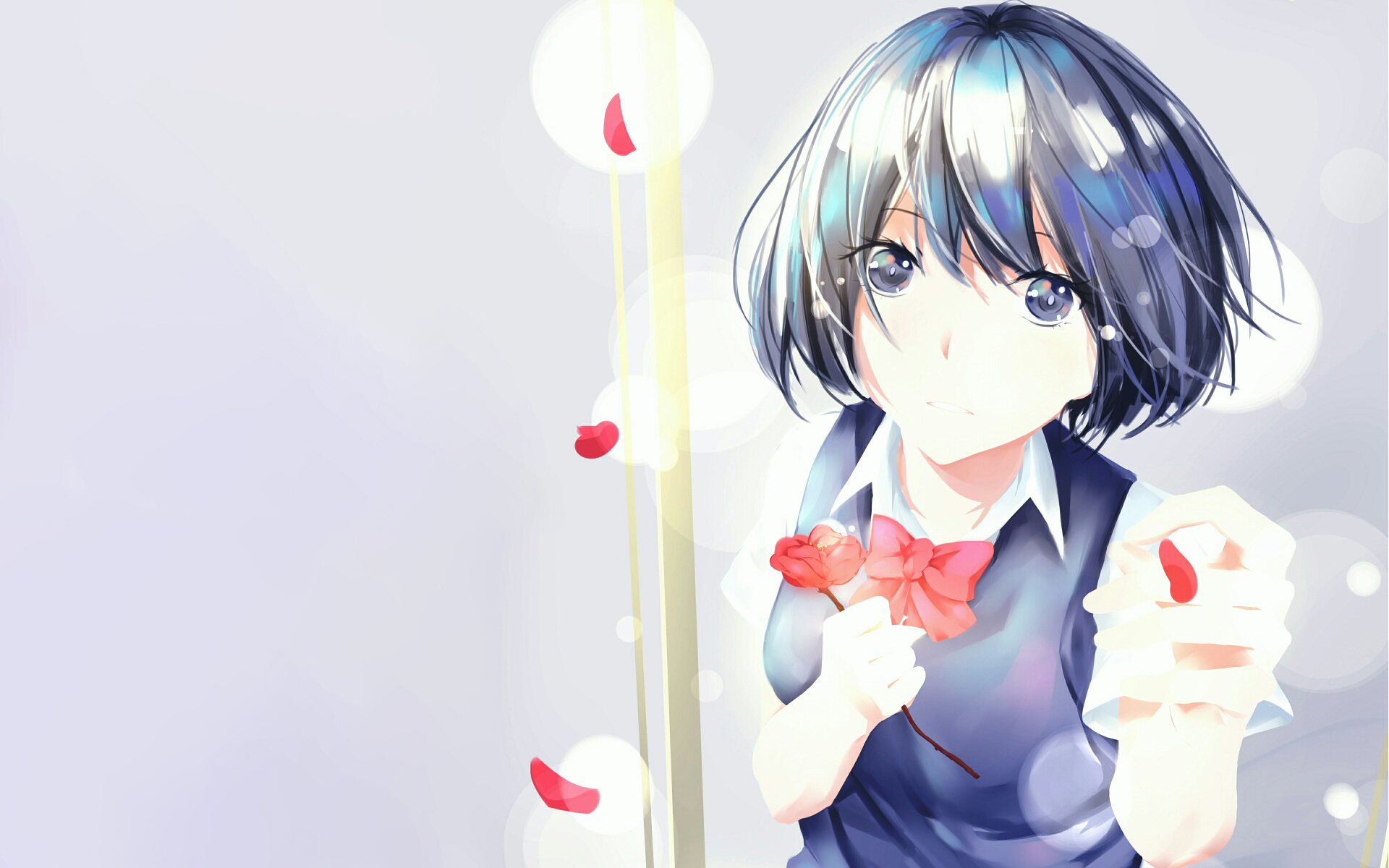 kuzu no honkai, anime, blue eyes, blue hair, flower, hanabi yasuraoka, petal, short hair