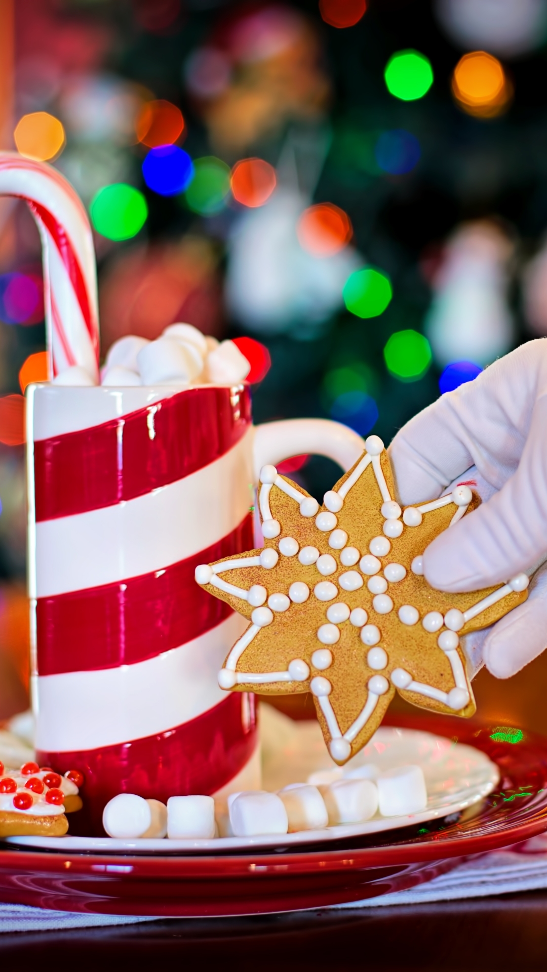 Download mobile wallpaper Food, Christmas, Holiday, Drink, Bokeh, Cookie, Candy Cane for free.