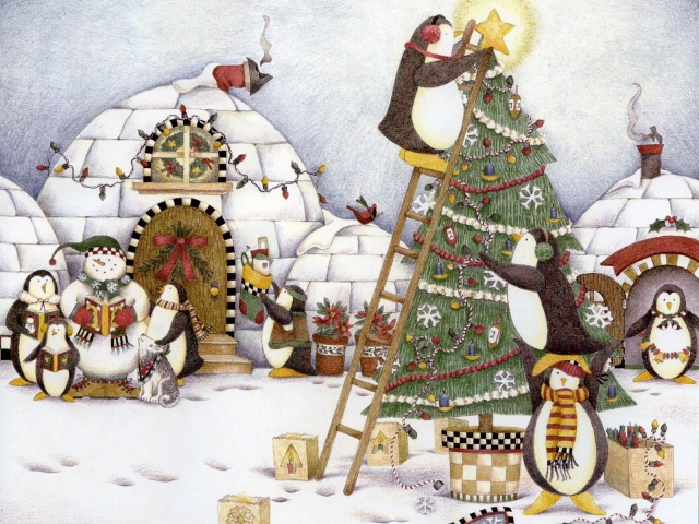 Laden Sie das Feiertage, Weihnachten, Schneemann, Süß, Weihnachtsbaum, Pinguin-Bild kostenlos auf Ihren PC-Desktop herunter