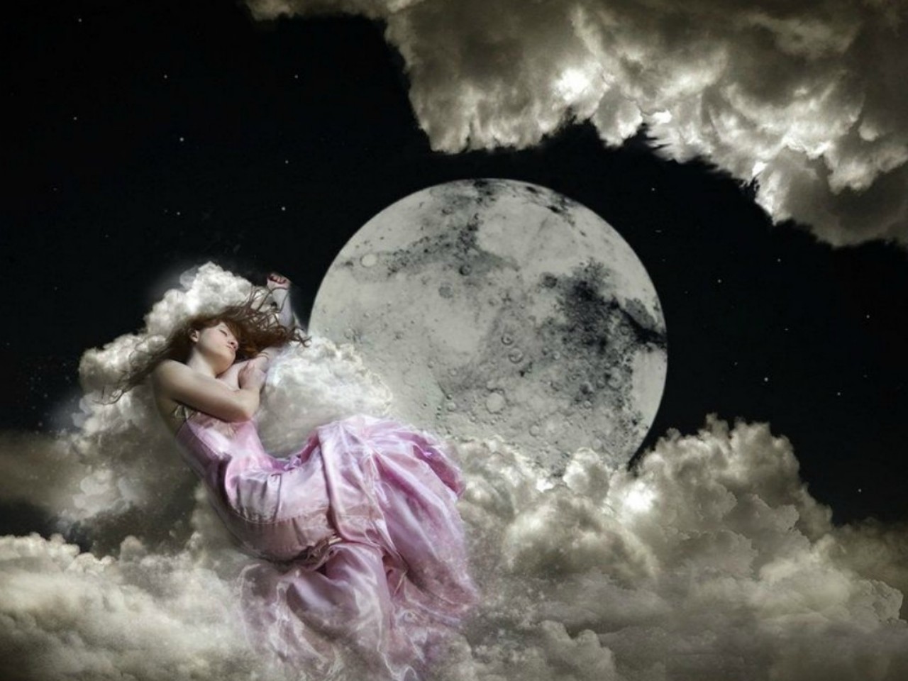 1439917 скачать картинку художественный, женщины, облако, сновидение, луна - обои и заставки бесплатно