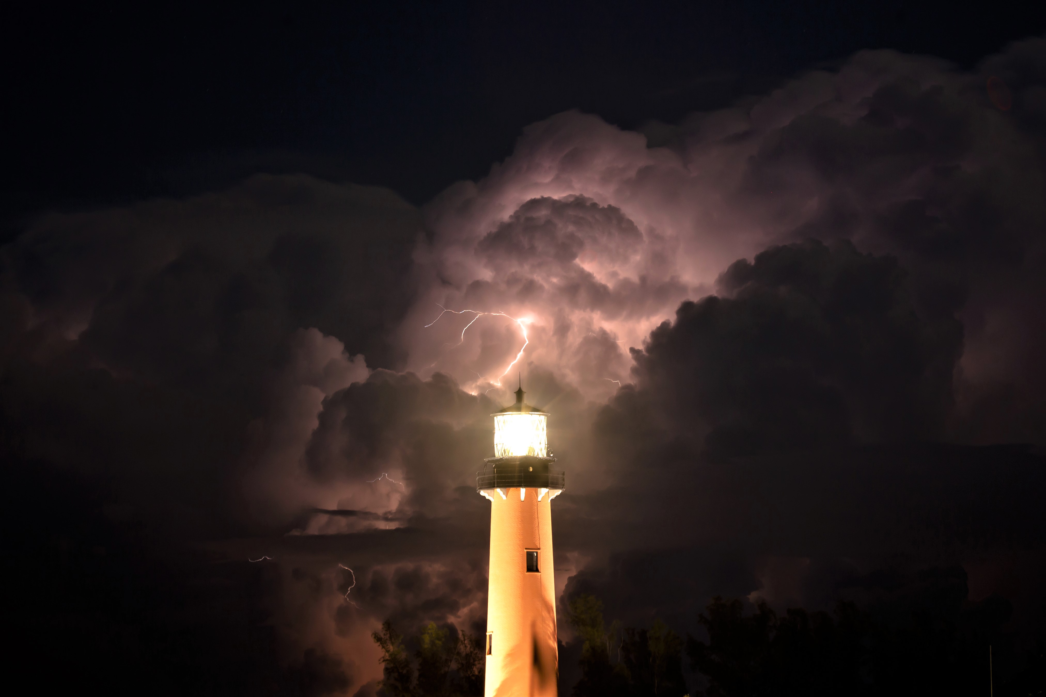 thunderstorm, man made, lighthouse, dark, lightning, sky, storm