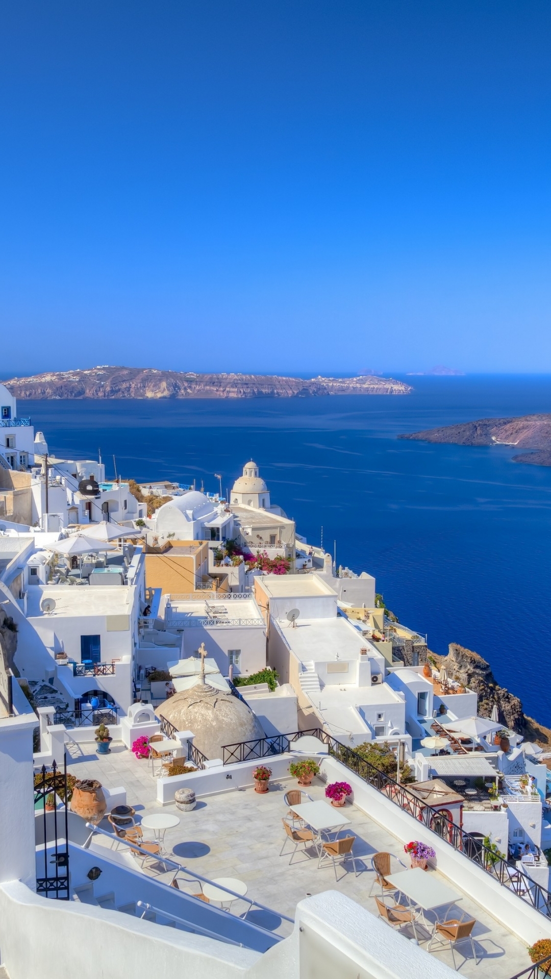 Download mobile wallpaper Sea, Island, Greece, Cruise Ship, Santorini, Man Made, Towns for free.