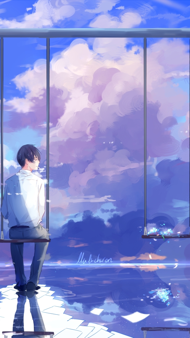 Download mobile wallpaper Anime, Reflection, Swing, Cloud, Original, Scenic for free.