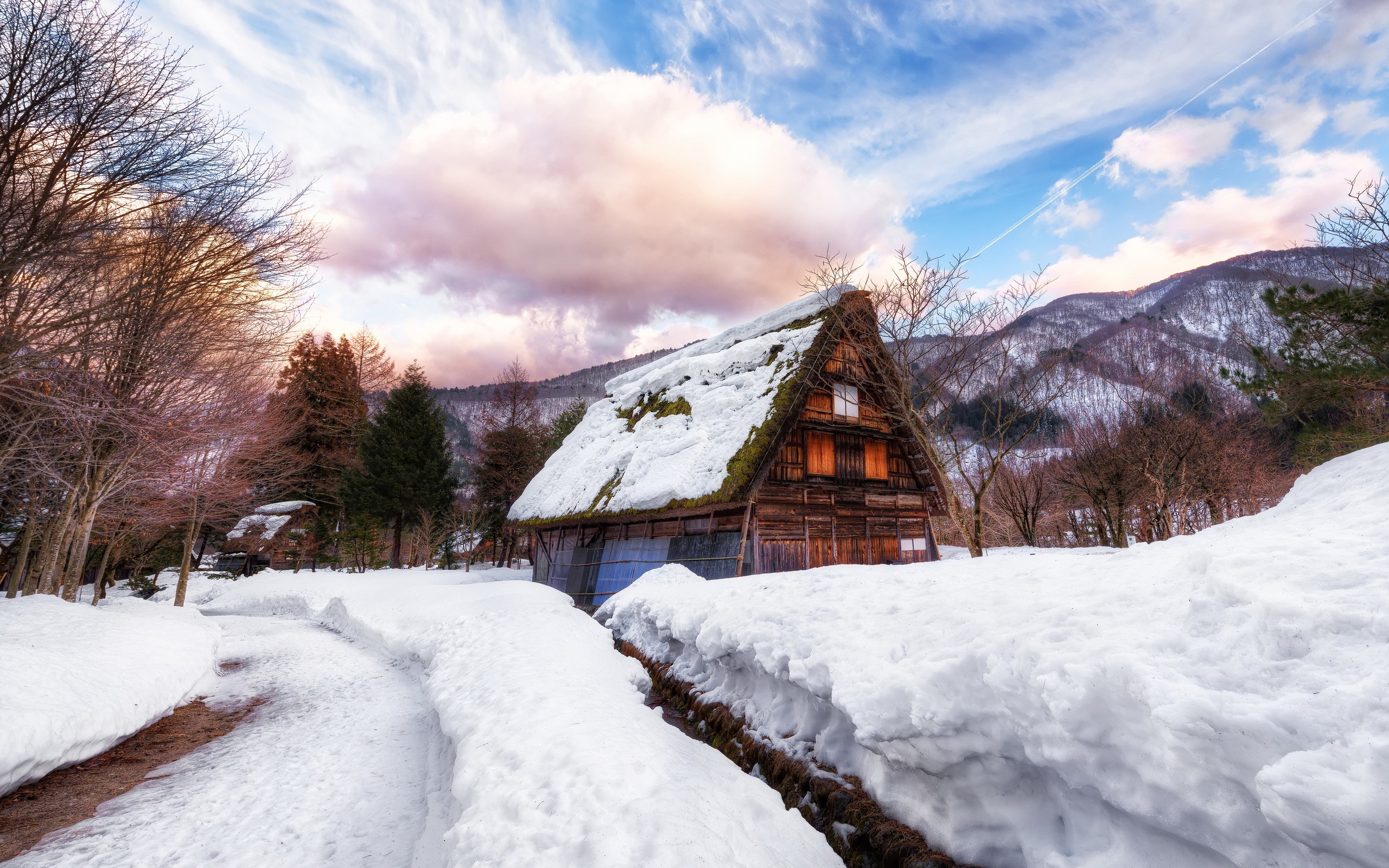 PCデスクトップに冬, 家, 木, 雪, 山, 地球, キャビン, マンメイド画像を無料でダウンロード