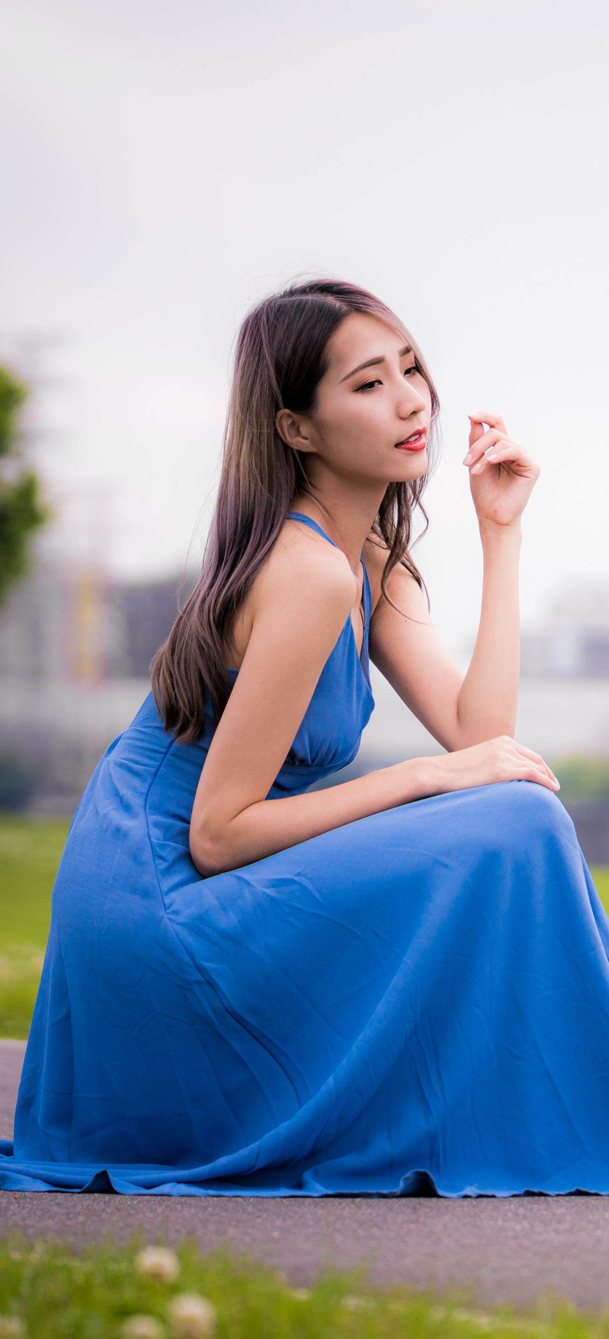 Download mobile wallpaper Brunette, Model, Women, Asian, Blue Dress for free.