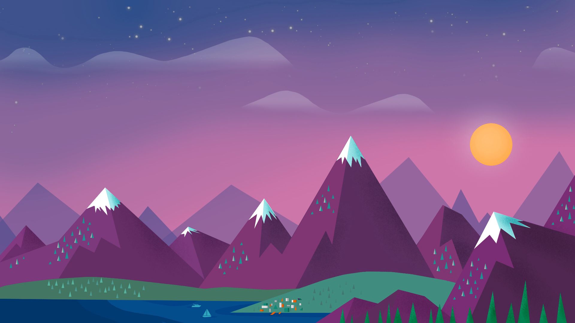minimalism, sky, vector, landscape, mountains, sun, clouds, lake Desktop home screen Wallpaper