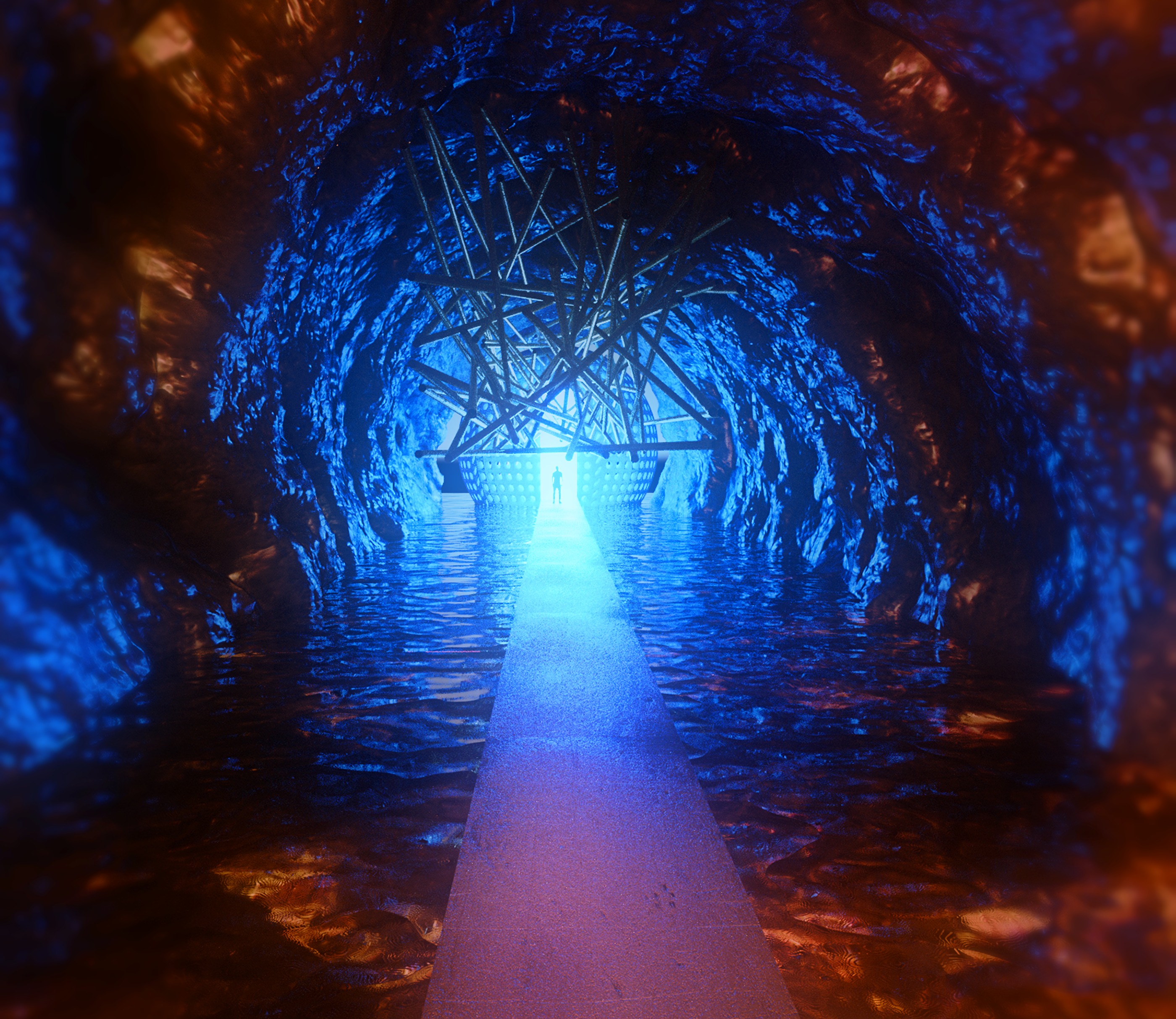 portal, 3d, silhouette, cave, sphere 4K