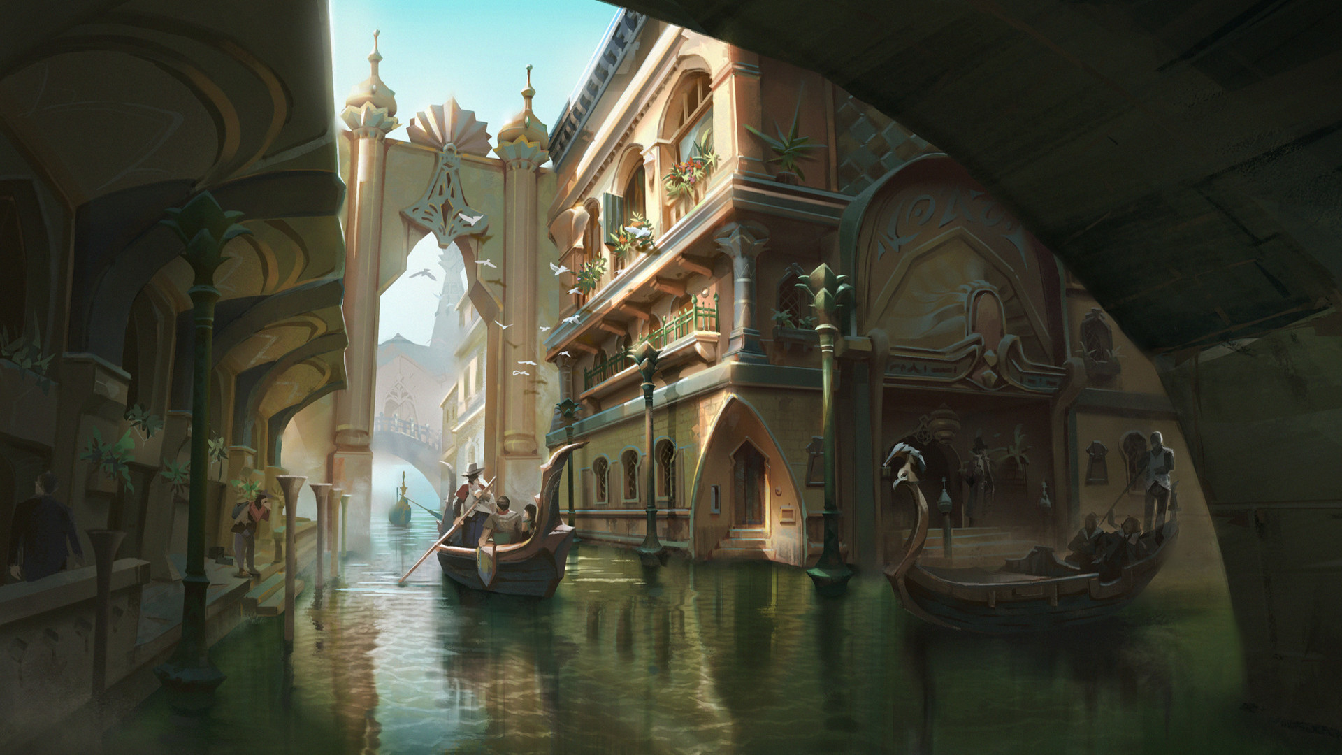 fantasy, city, canal, gondola