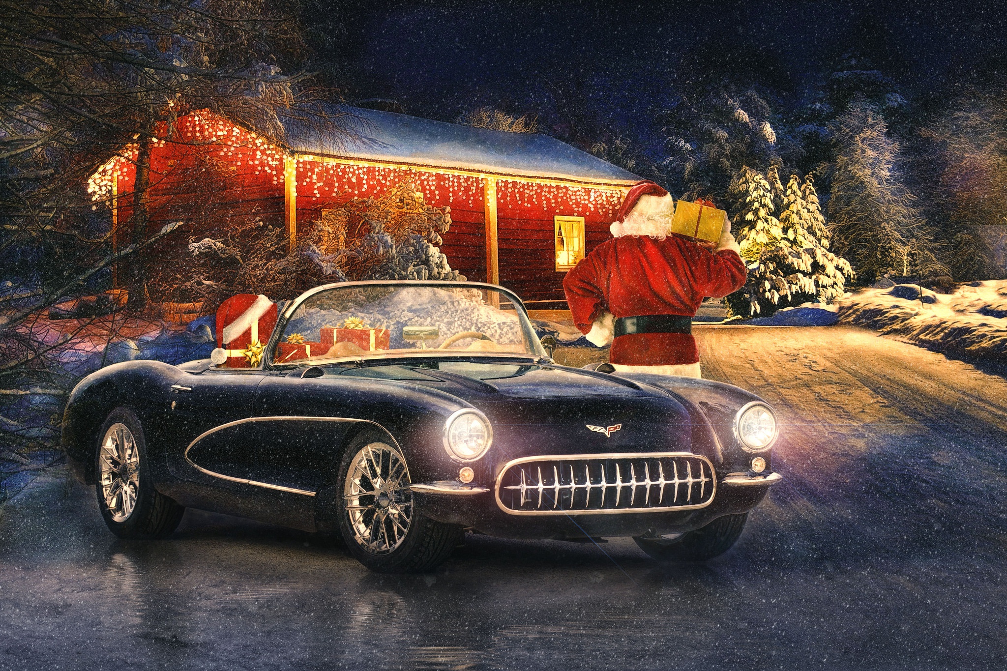 Handy-Wallpaper Feiertage, Weihnachtsmann, Weihnachten, Autos, Schneefall, Nacht kostenlos herunterladen.