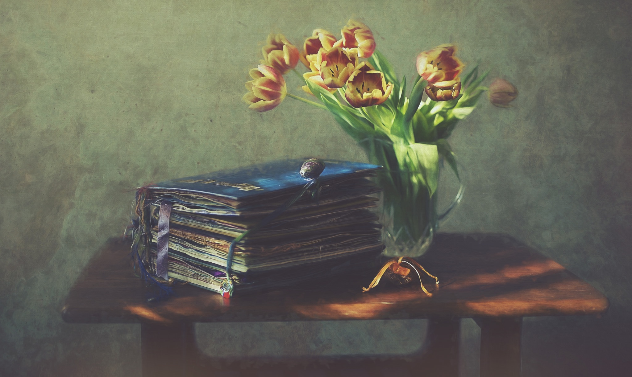 Download mobile wallpaper Still Life, Flower, Vase, Book, Painting, Artistic, Tulip for free.