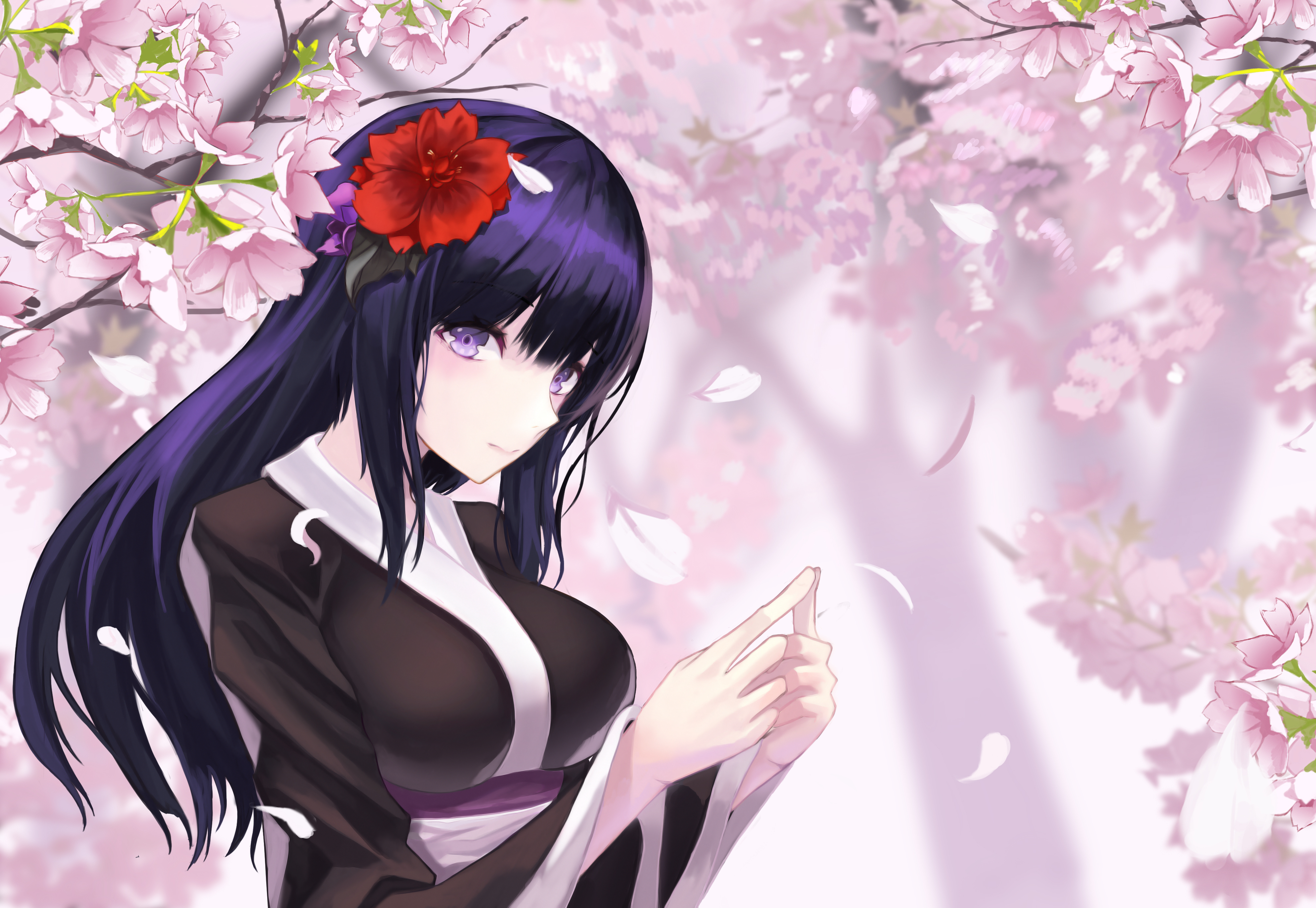 Free download wallpaper Anime, Flower, Kimono, Cherry Blossom, Original, Long Hair, Purple Eyes, Purple Hair on your PC desktop