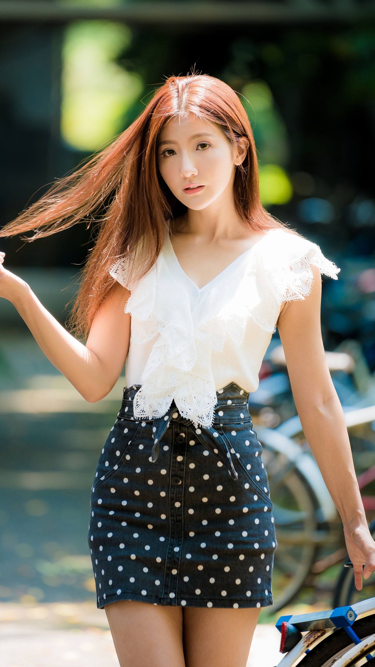 Download mobile wallpaper Brunette, Model, Skirt, Women, Asian for free.