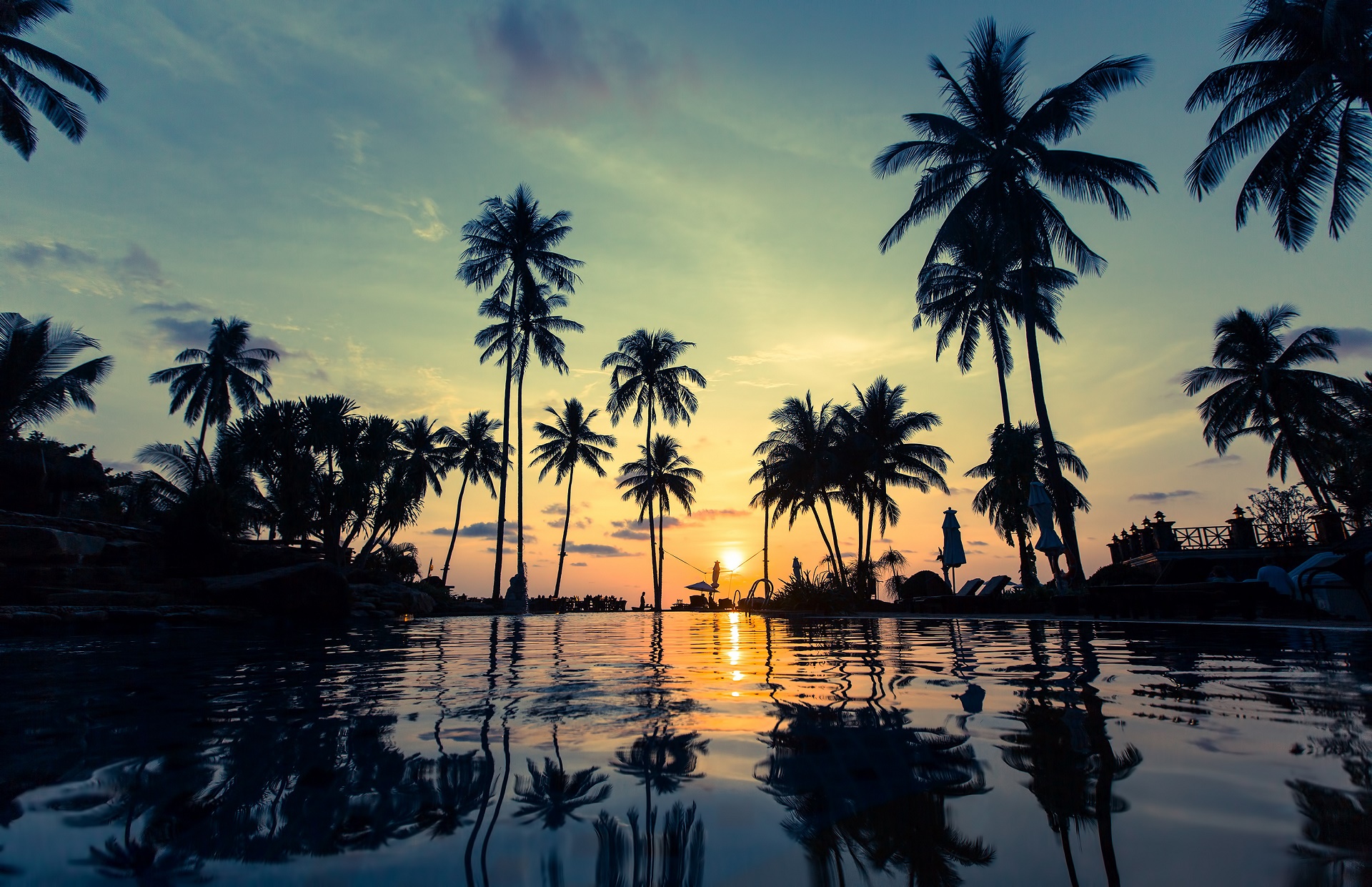 Free download wallpaper Water, Sunset, Reflection, Resort, Photography, Palm Tree on your PC desktop