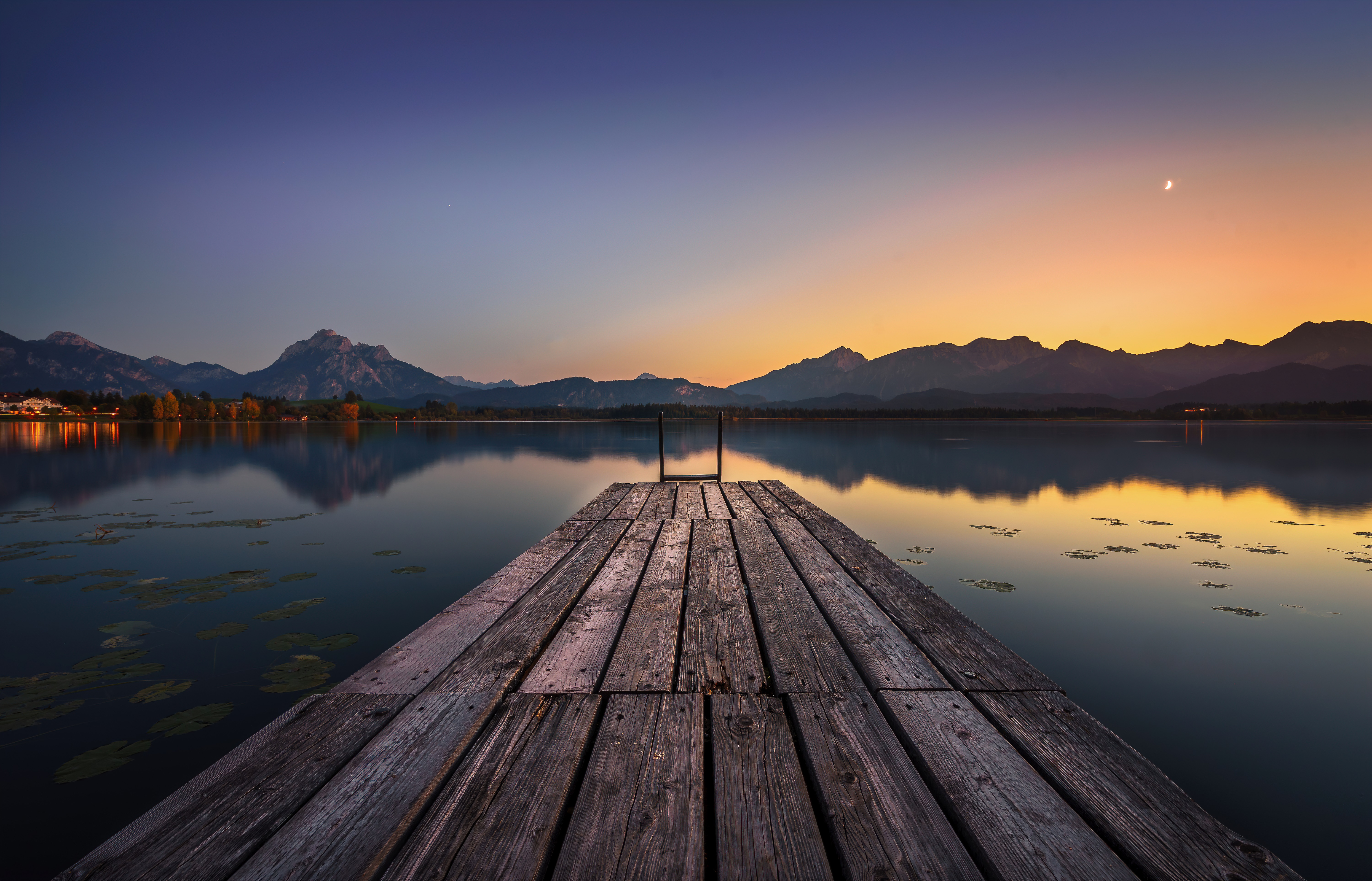 Download mobile wallpaper Water, Sunset, Lakes, Mountain, Lake, Pier, Photography for free.