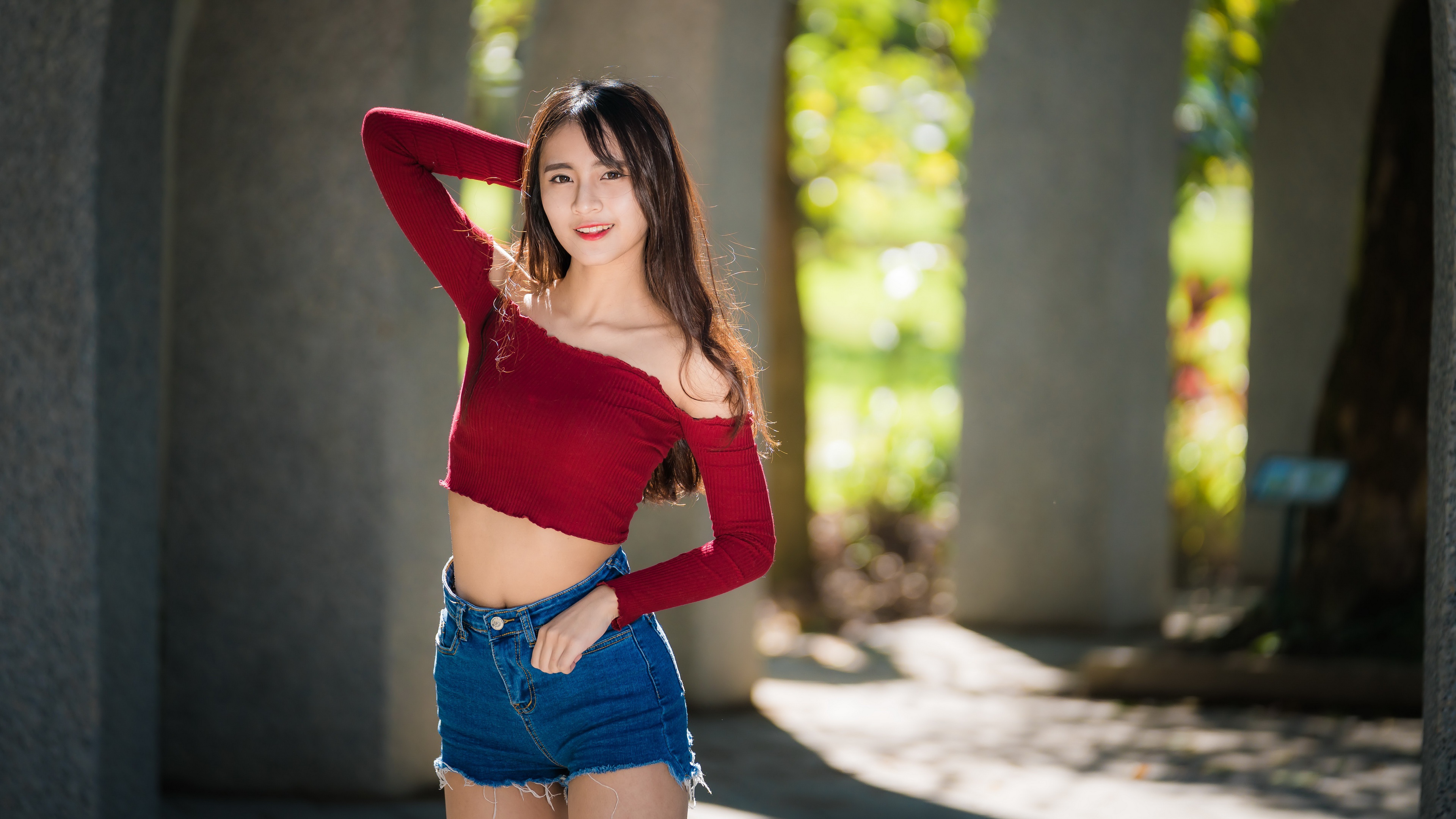 Download mobile wallpaper Brunette, Model, Women, Shorts, Asian, Depth Of Field for free.