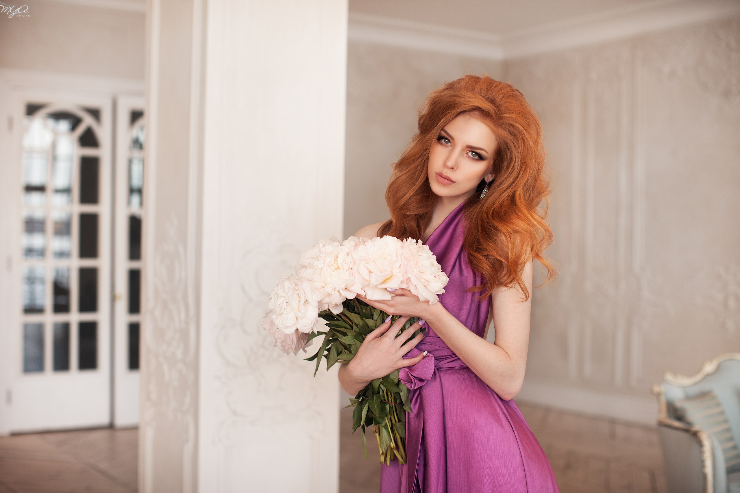 Download mobile wallpaper Flower, Bouquet, Redhead, Model, Women, Purple Dress for free.