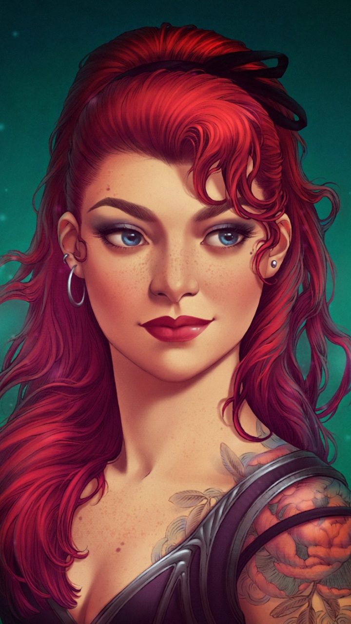 Download mobile wallpaper Fantasy, Tattoo, Women, Blue Eyes, Red Hair, Lipstick for free.