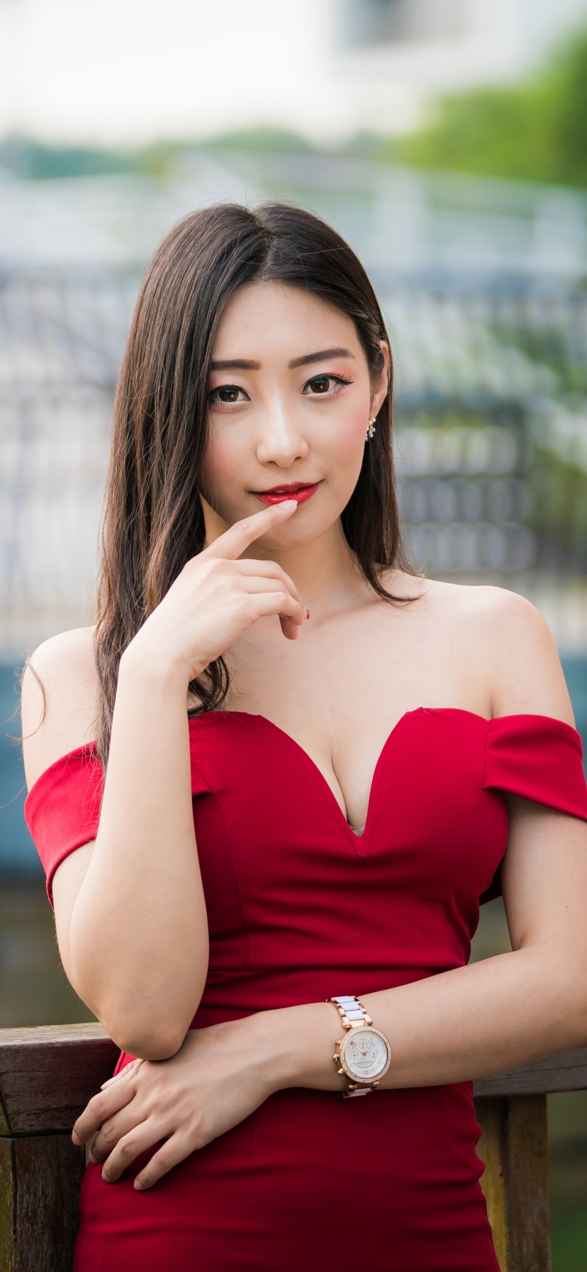 Download mobile wallpaper Brunette, Model, Women, Asian, Red Dress for free.