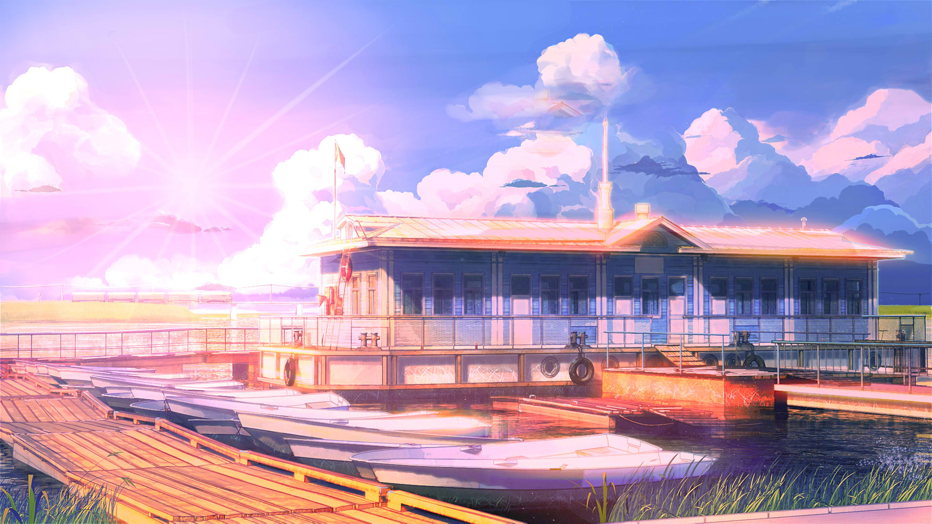 anime, everlasting summer, boat house, boat, building, pier, water